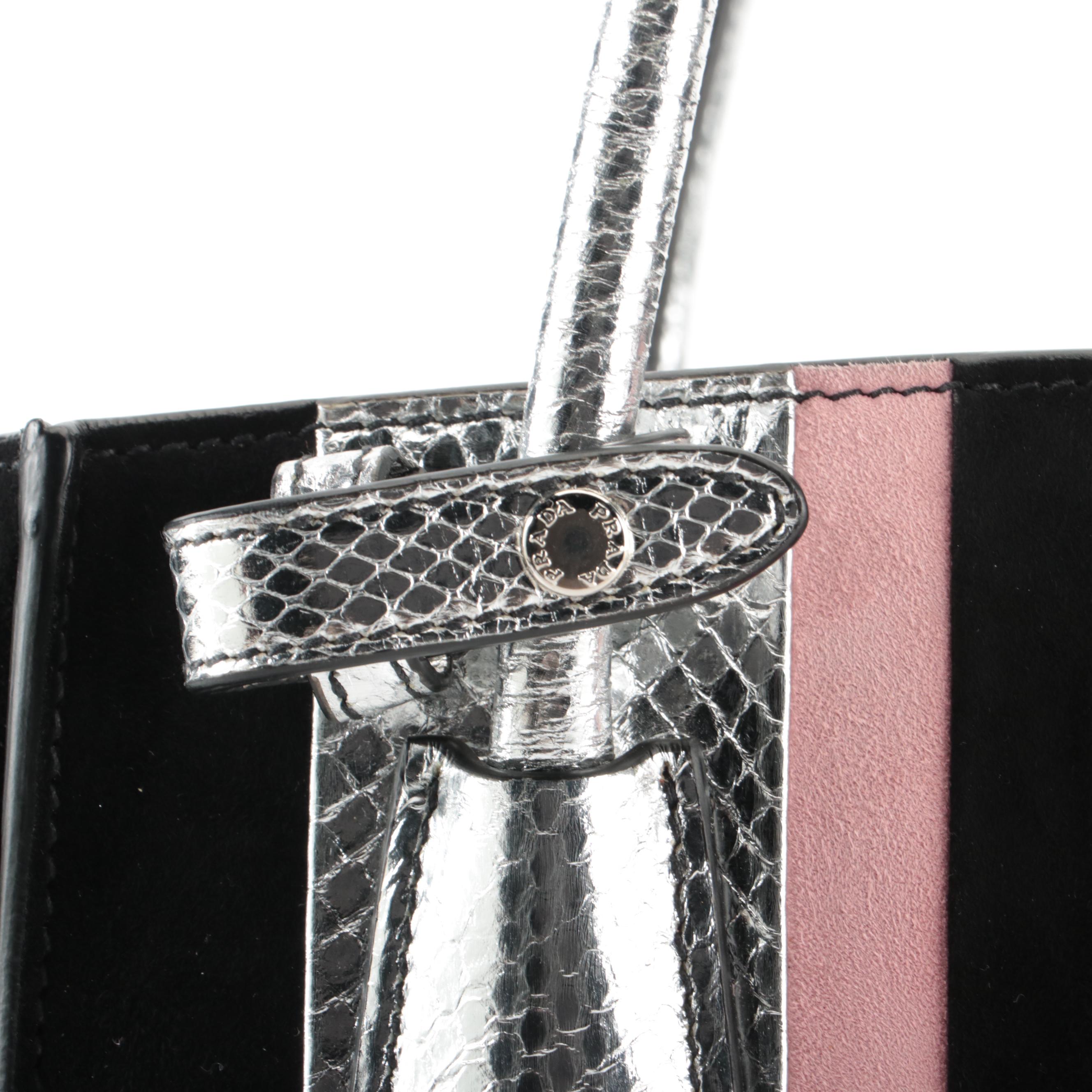 Prada Convertible Tote Bag in Bicolor Suede and Silver Snakeskin with Strap