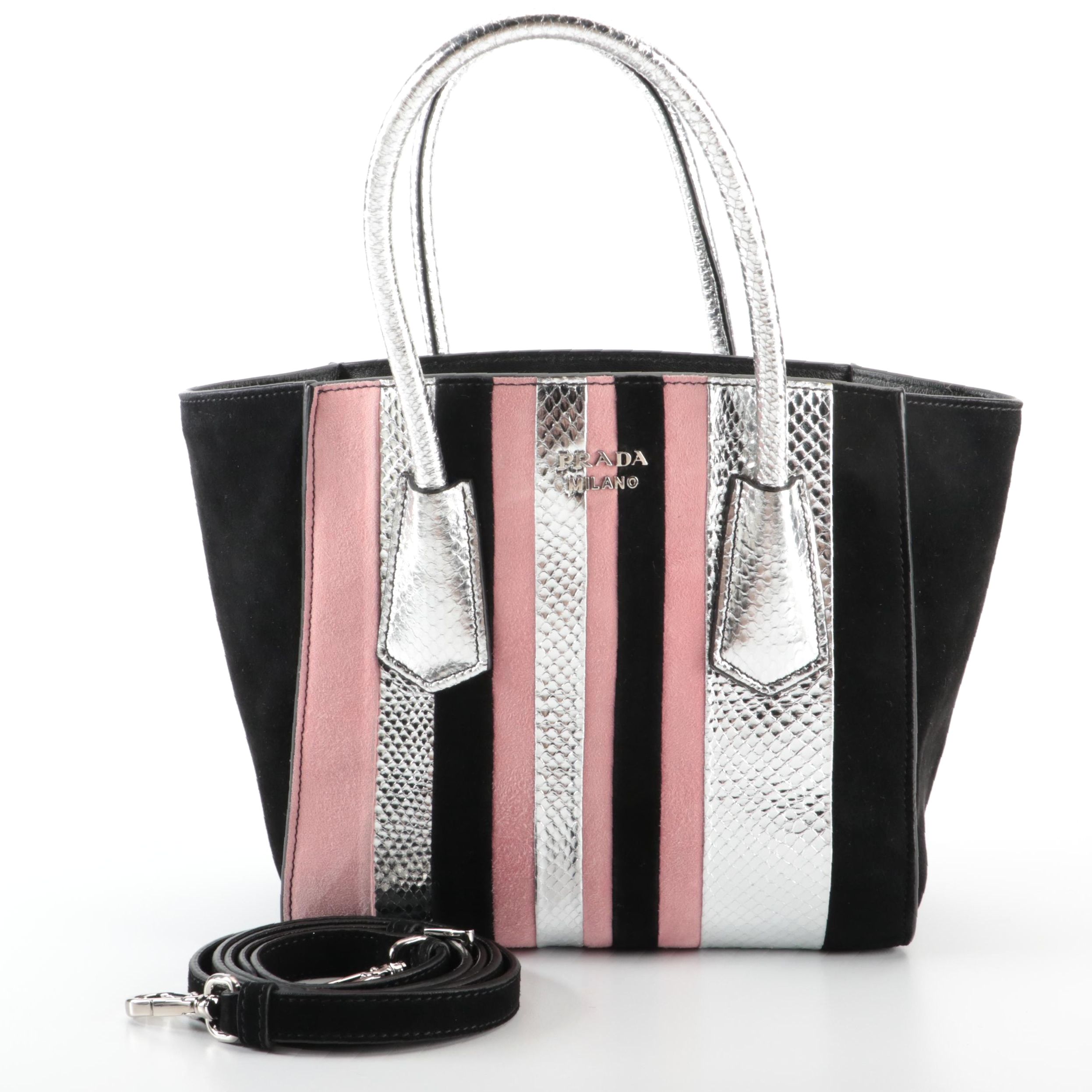 Prada Convertible Tote Bag in Bicolor Suede and Silver Snakeskin with Strap