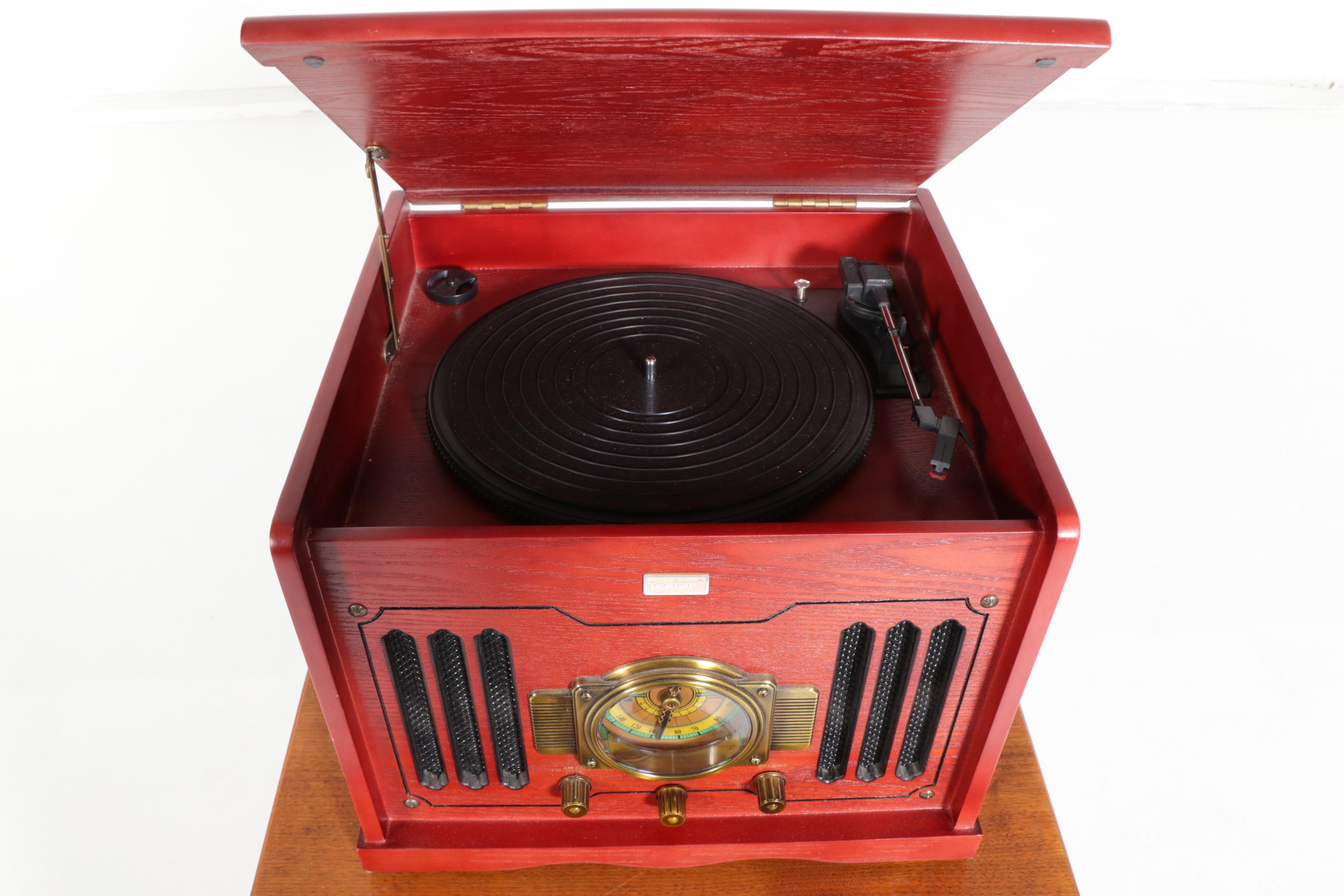 Leetac Stereo Record and CD Player with Walnut Record Cabinet and LPs