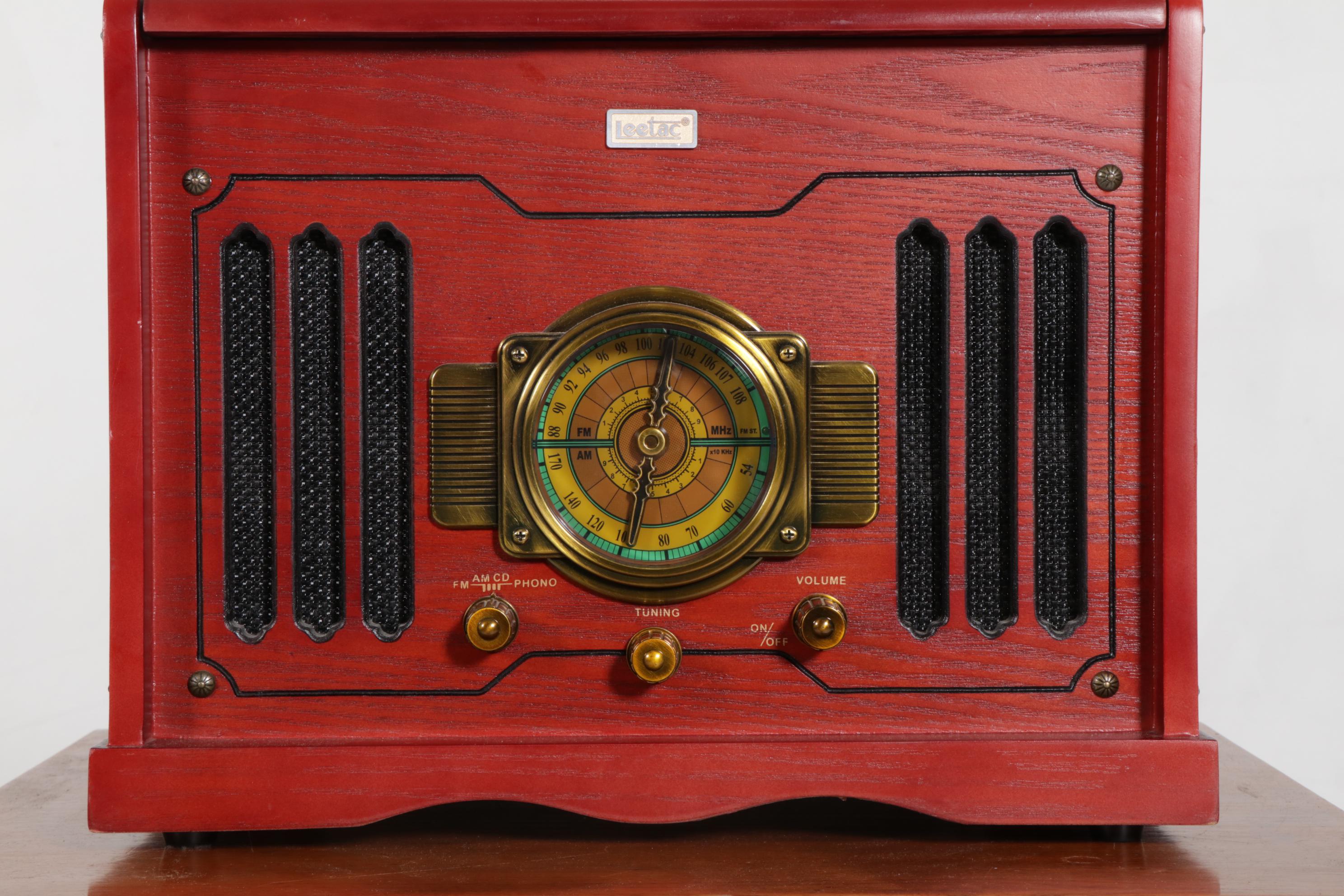 Leetac Stereo Record and CD Player with Walnut Record Cabinet and LPs