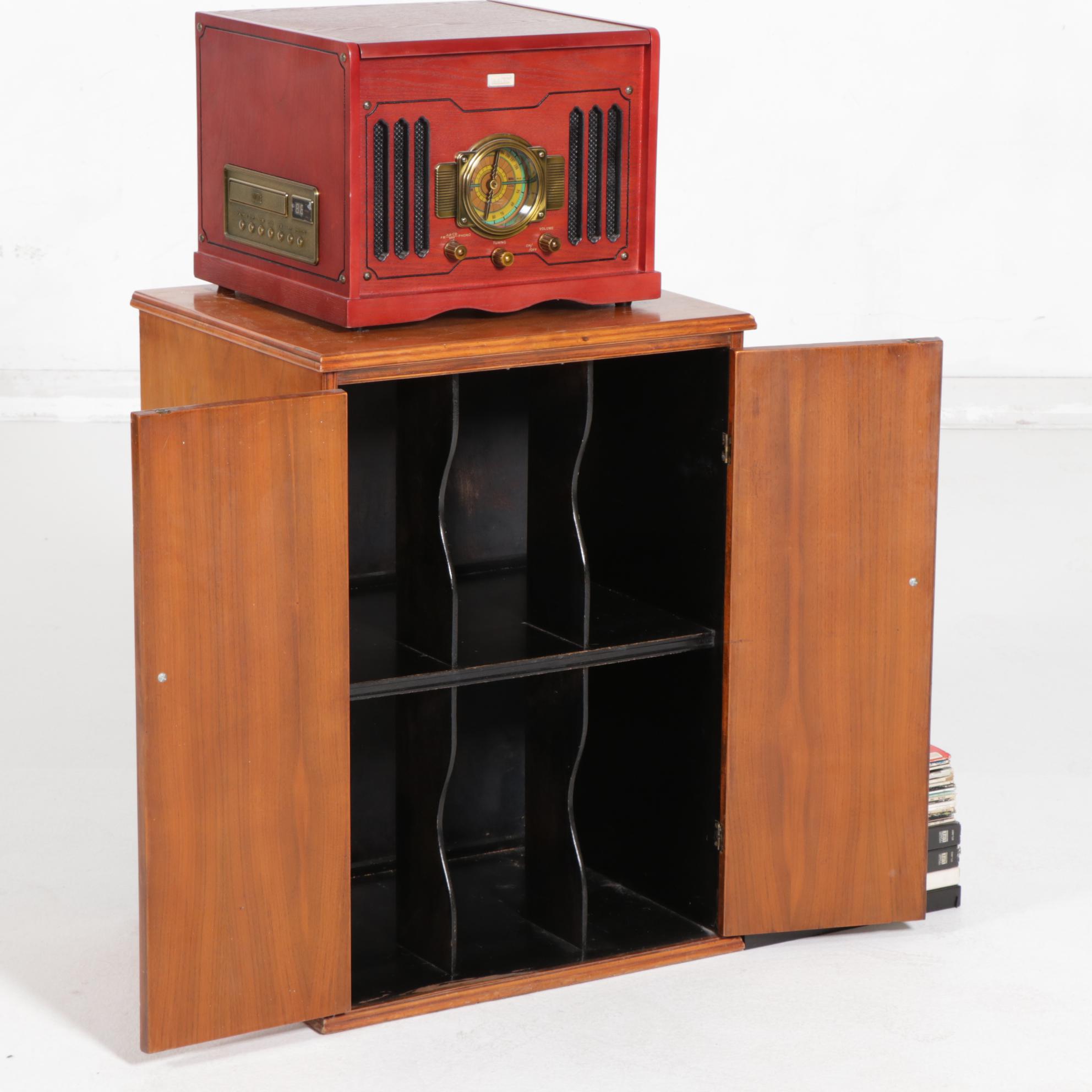 Leetac Stereo Record and CD Player with Walnut Record Cabinet and LPs