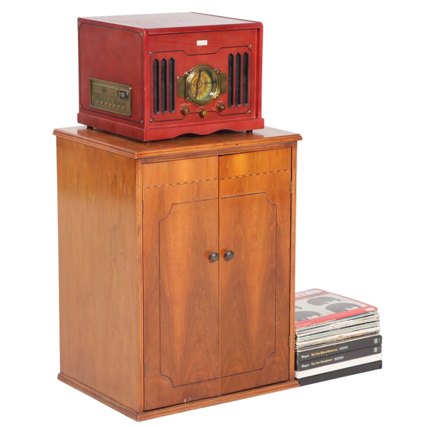 Leetac Stereo Record and CD Player with Walnut Record Cabinet and LPs