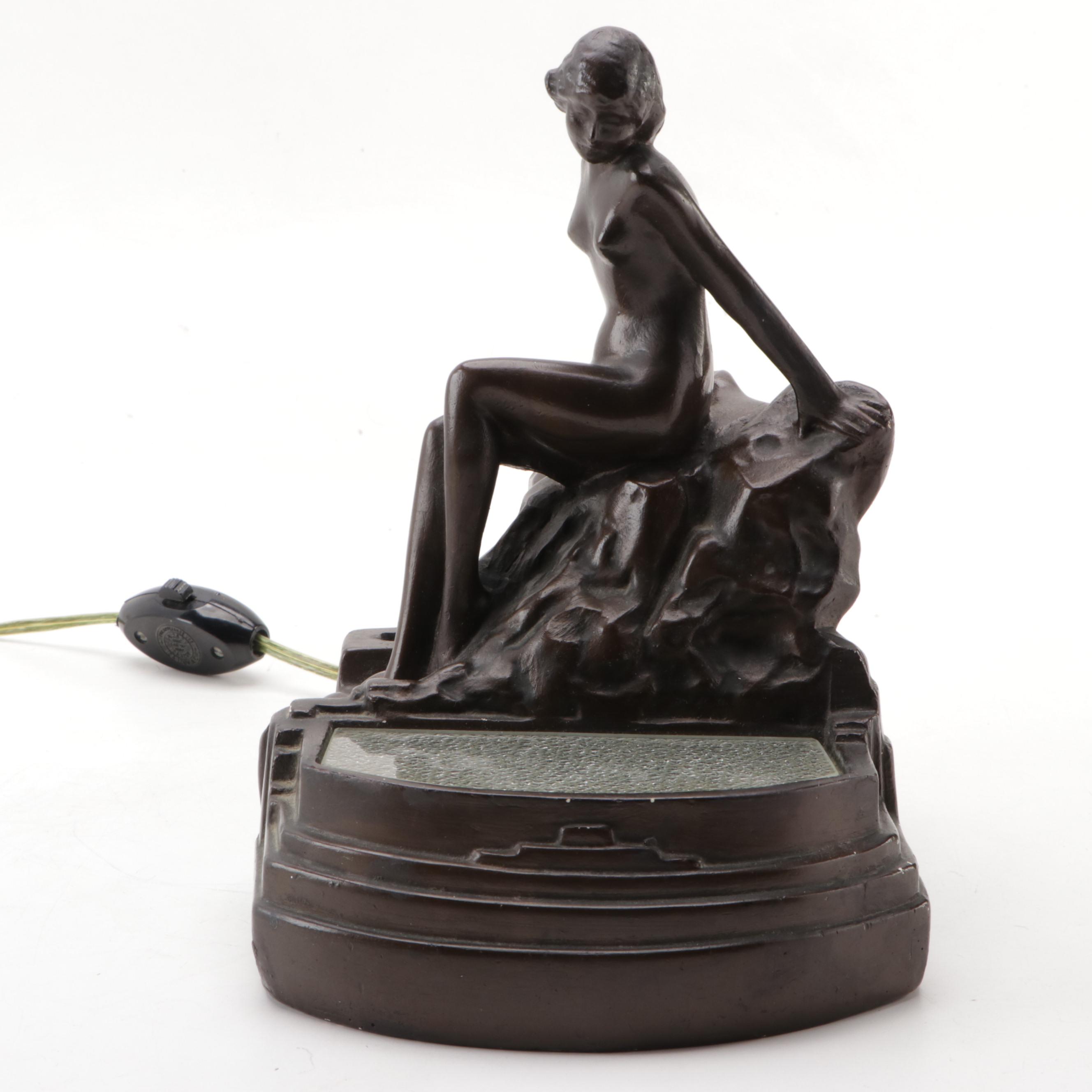 Mackey Art Deco Nude Woman TV Lamp with Pebble Glass Diffuser, 1940s