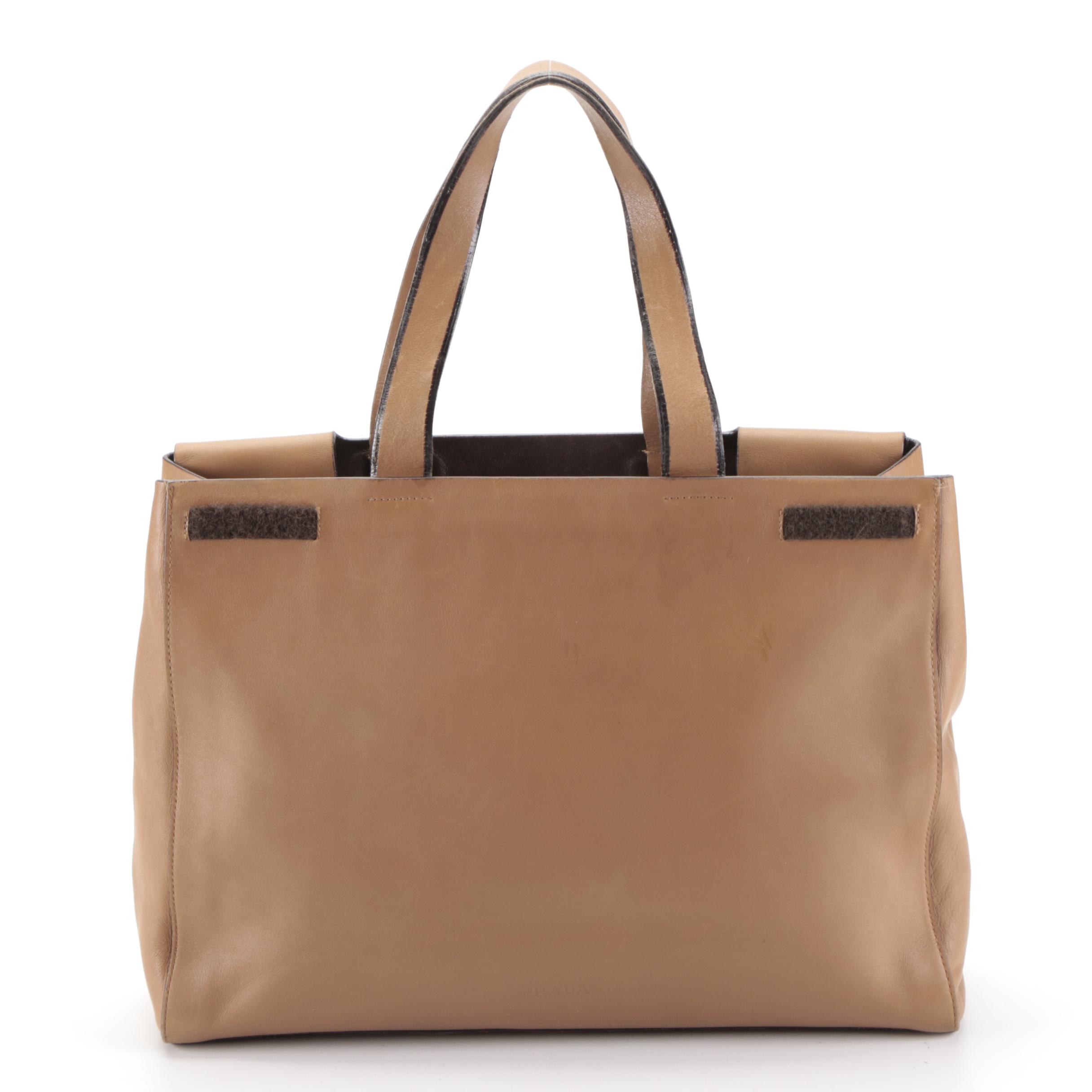 Prada Slim Tote Bag in Dark Tan Calfskin Leather