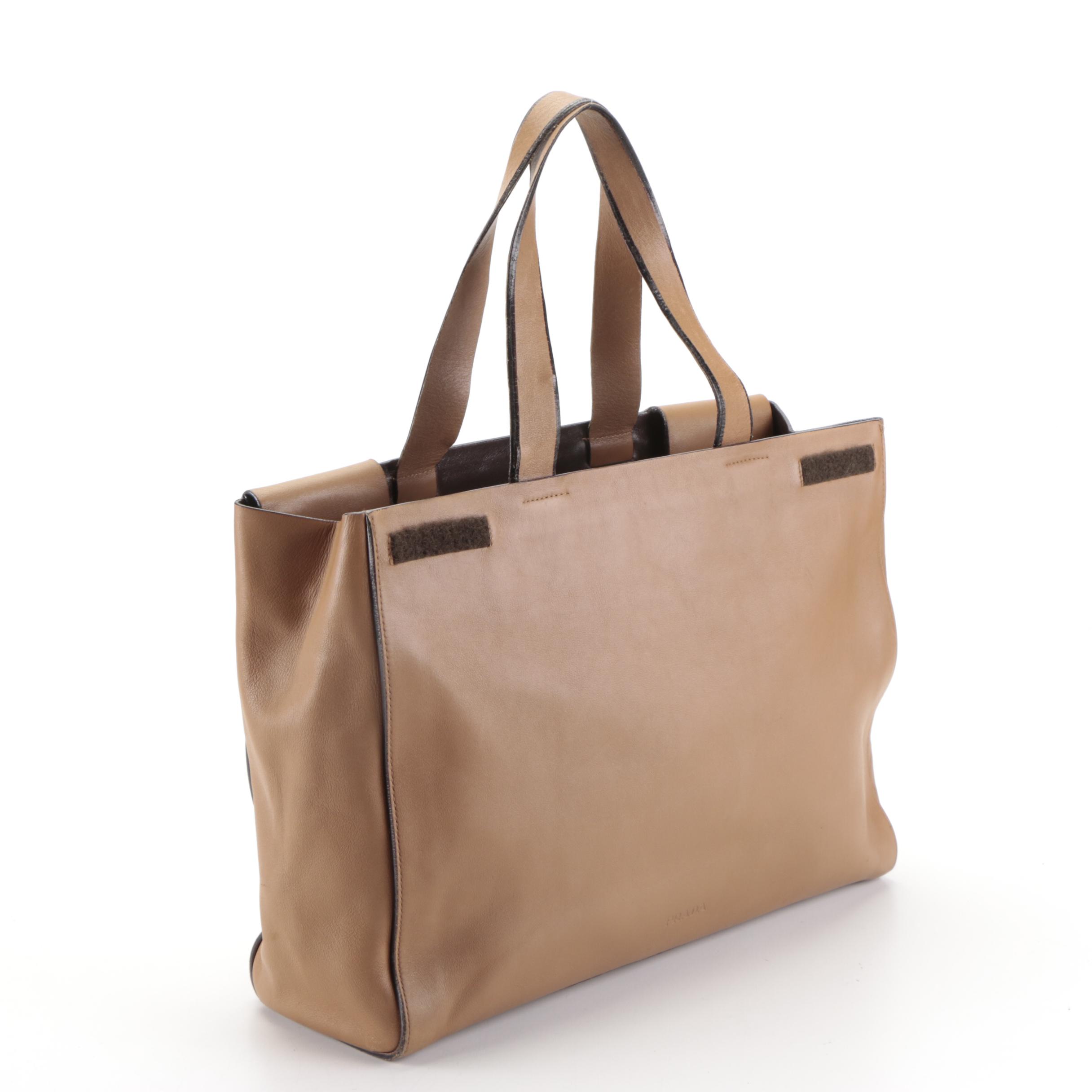 Prada Slim Tote Bag in Dark Tan Calfskin Leather