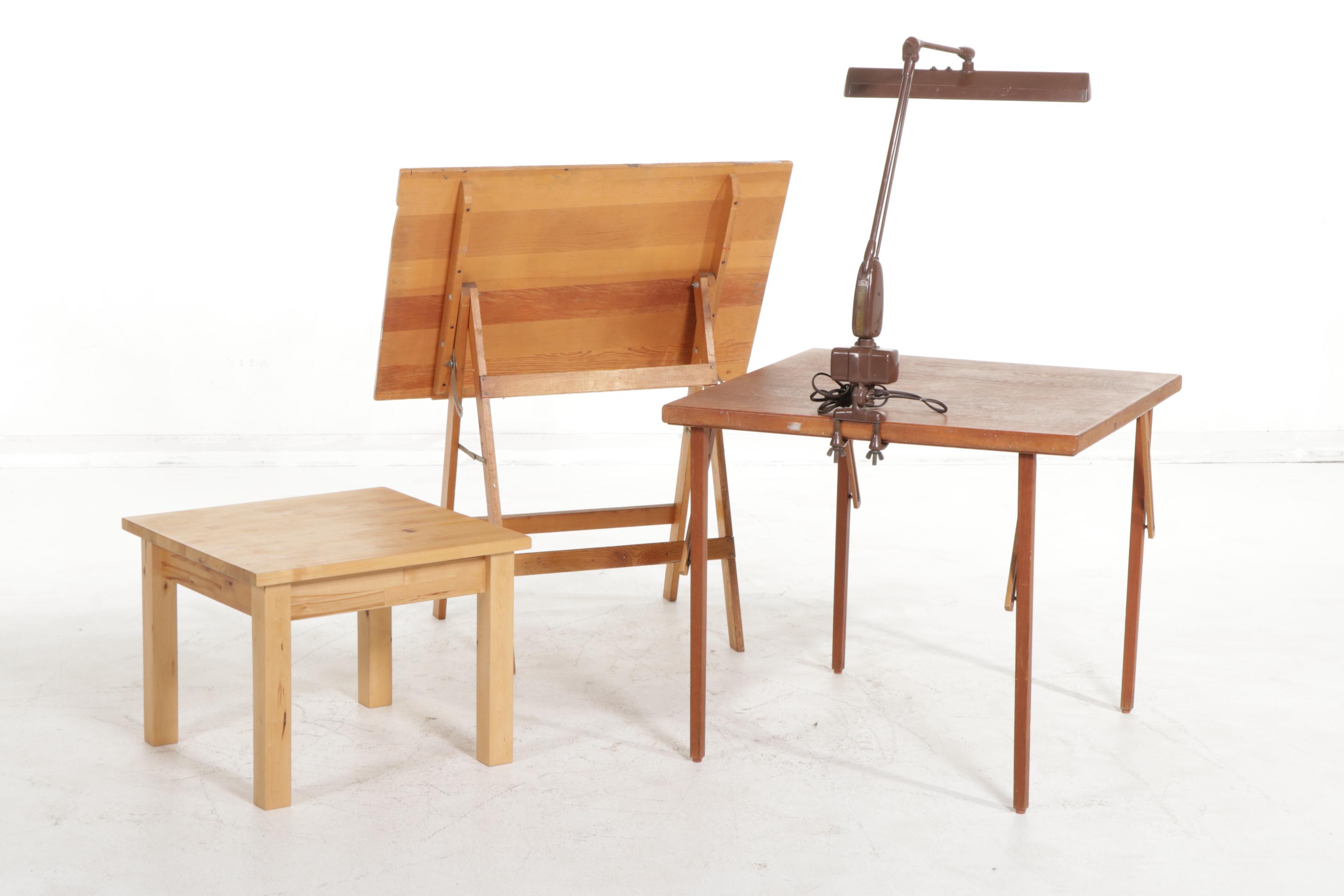 Drafting Table and Telescoping Light, Folding Card Table and IKEA Side Table