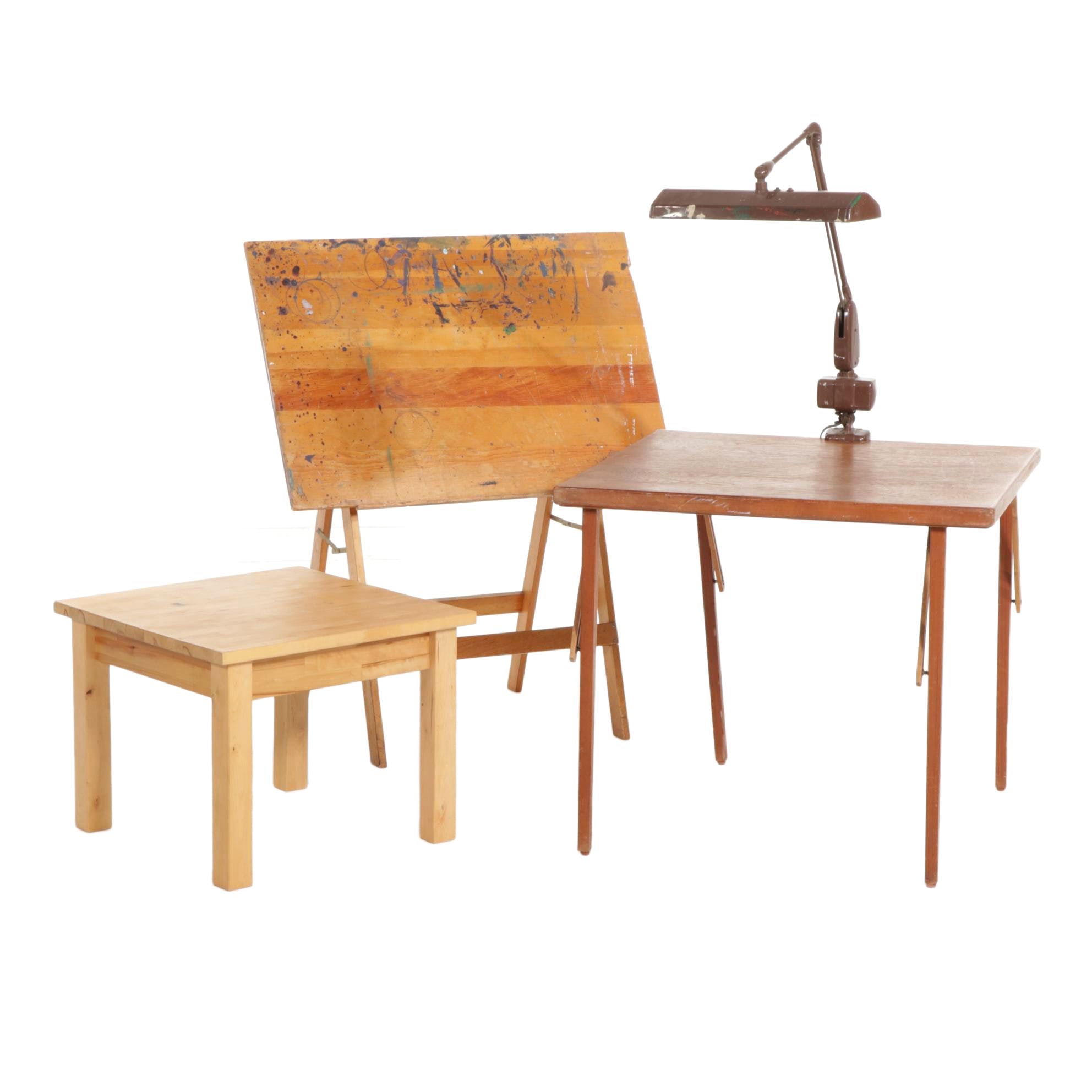 Drafting Table and Telescoping Light, Folding Card Table and IKEA Side Table