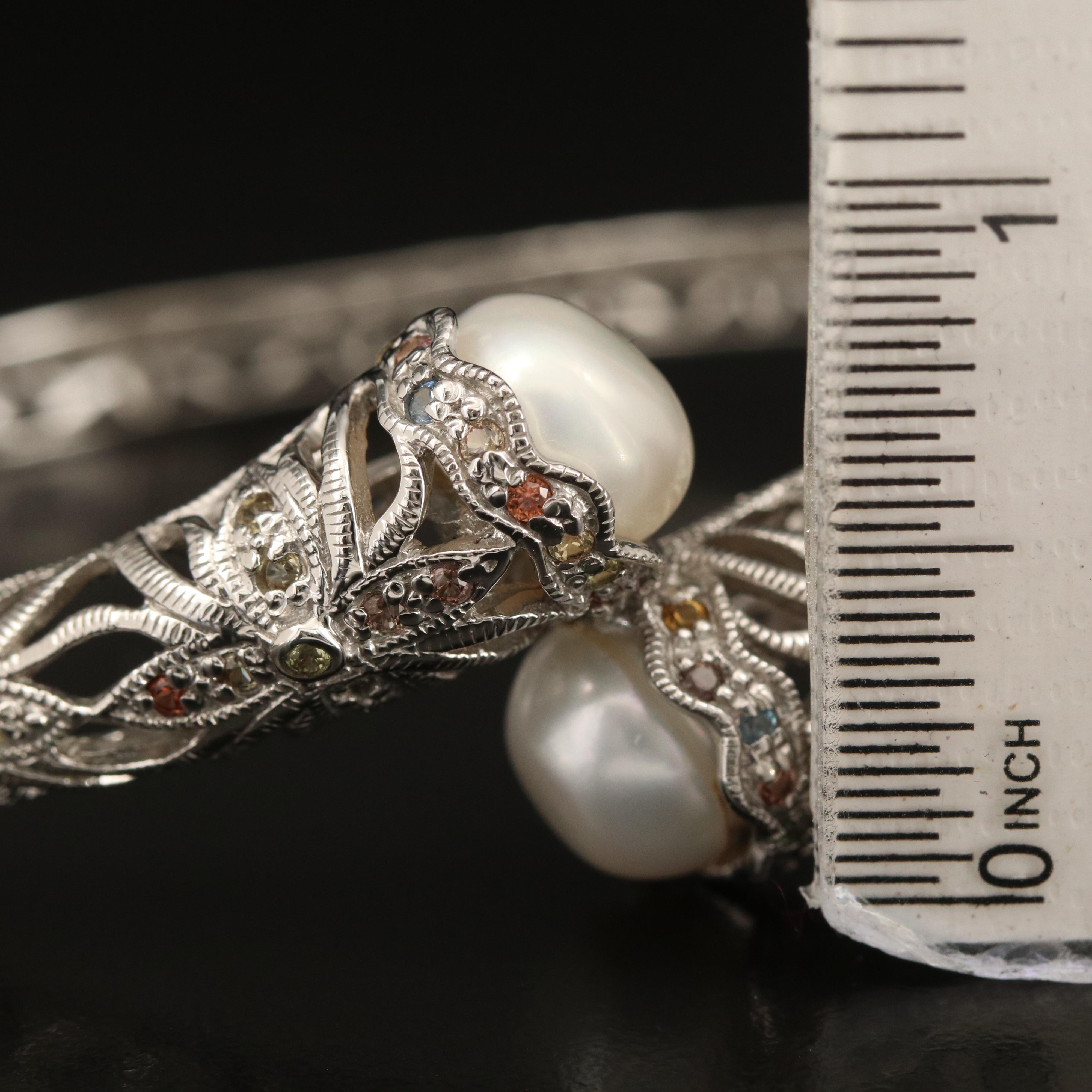 Sterling Pearl and Sapphire Hinged Openwork Bypass Bangle