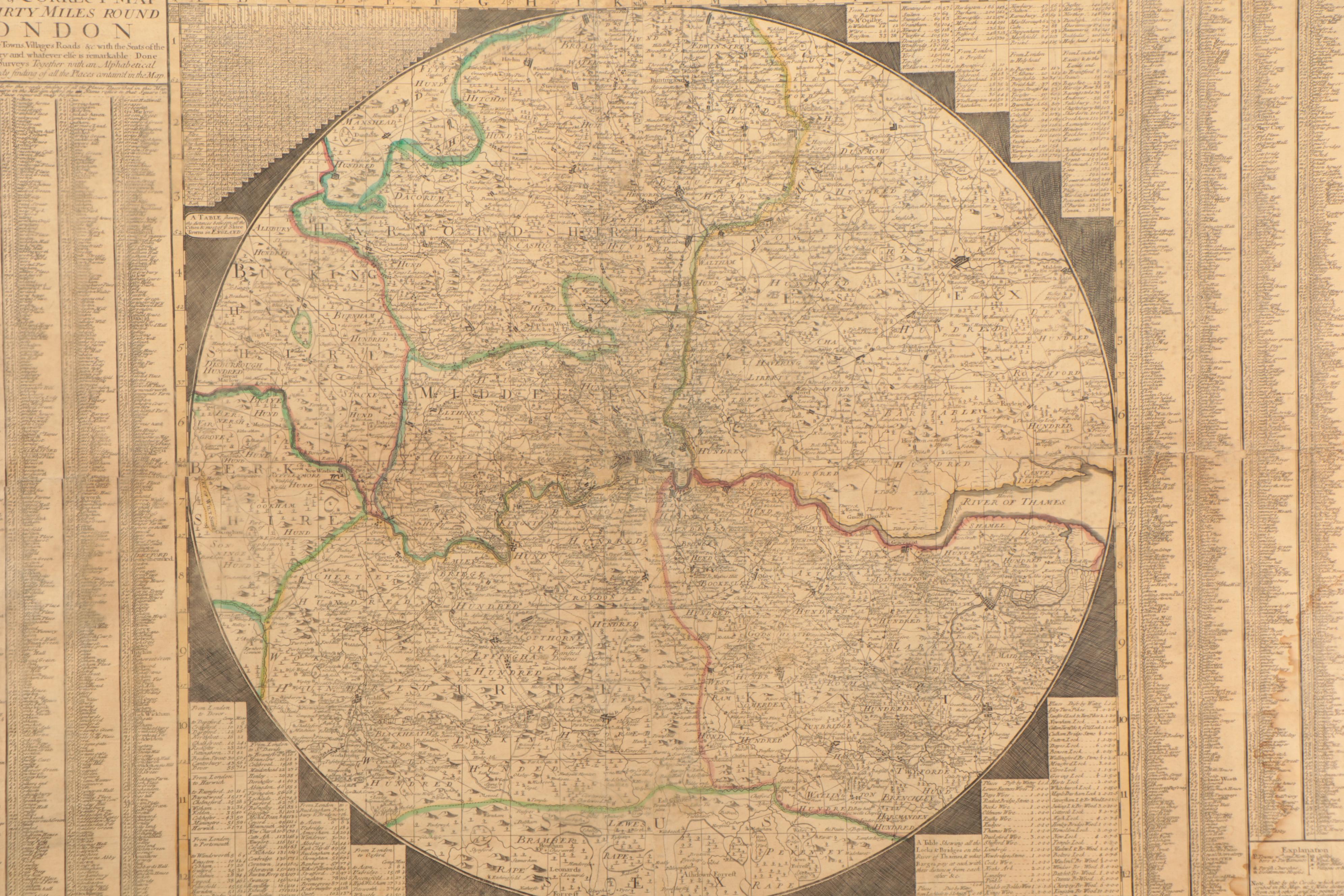 Thomas Bowles Hand-Colored Engraving Map of London, circa 1740