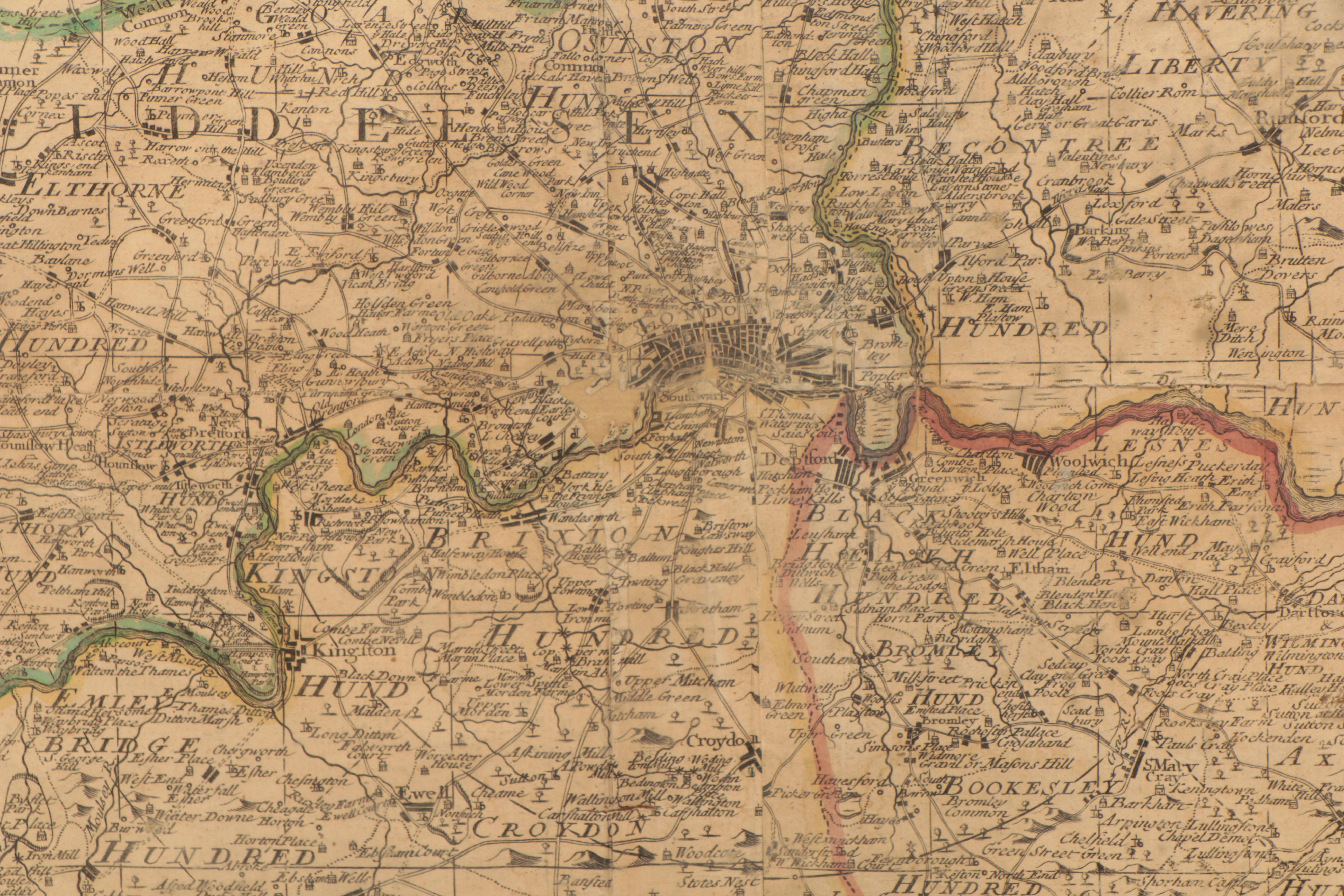 Thomas Bowles Hand-Colored Engraving Map of London, circa 1740