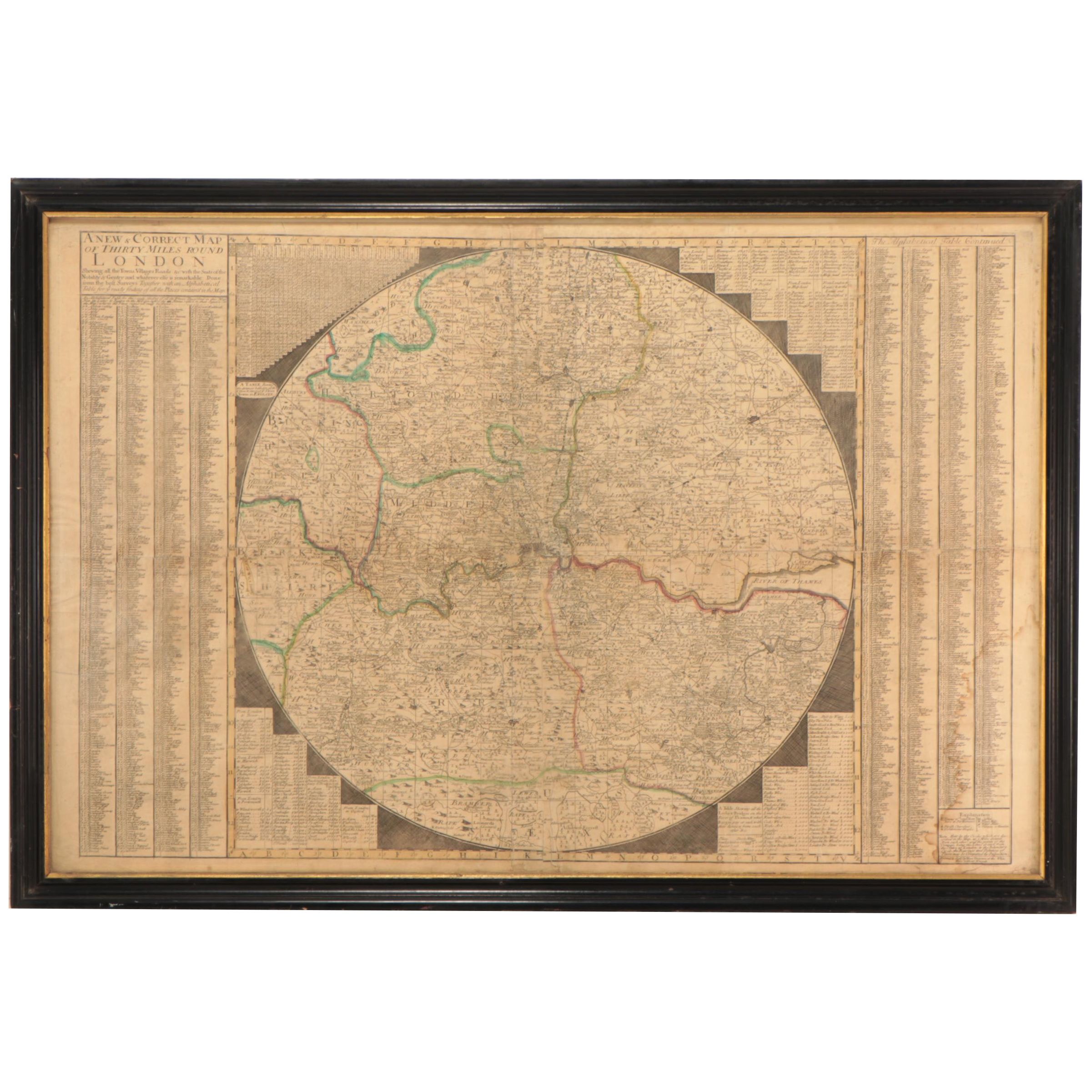 Thomas Bowles Hand-Colored Engraving Map of London, circa 1740