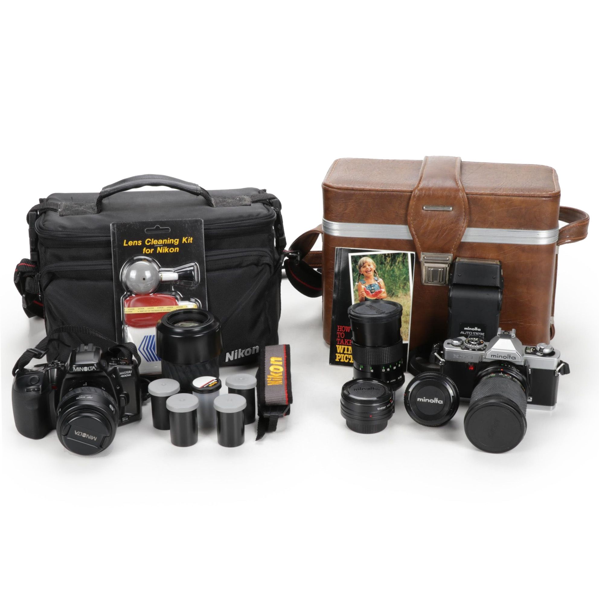 Minolta Maxxum 400si, XG9 and Nikon Point-and-Shoot Cameras with Accessories