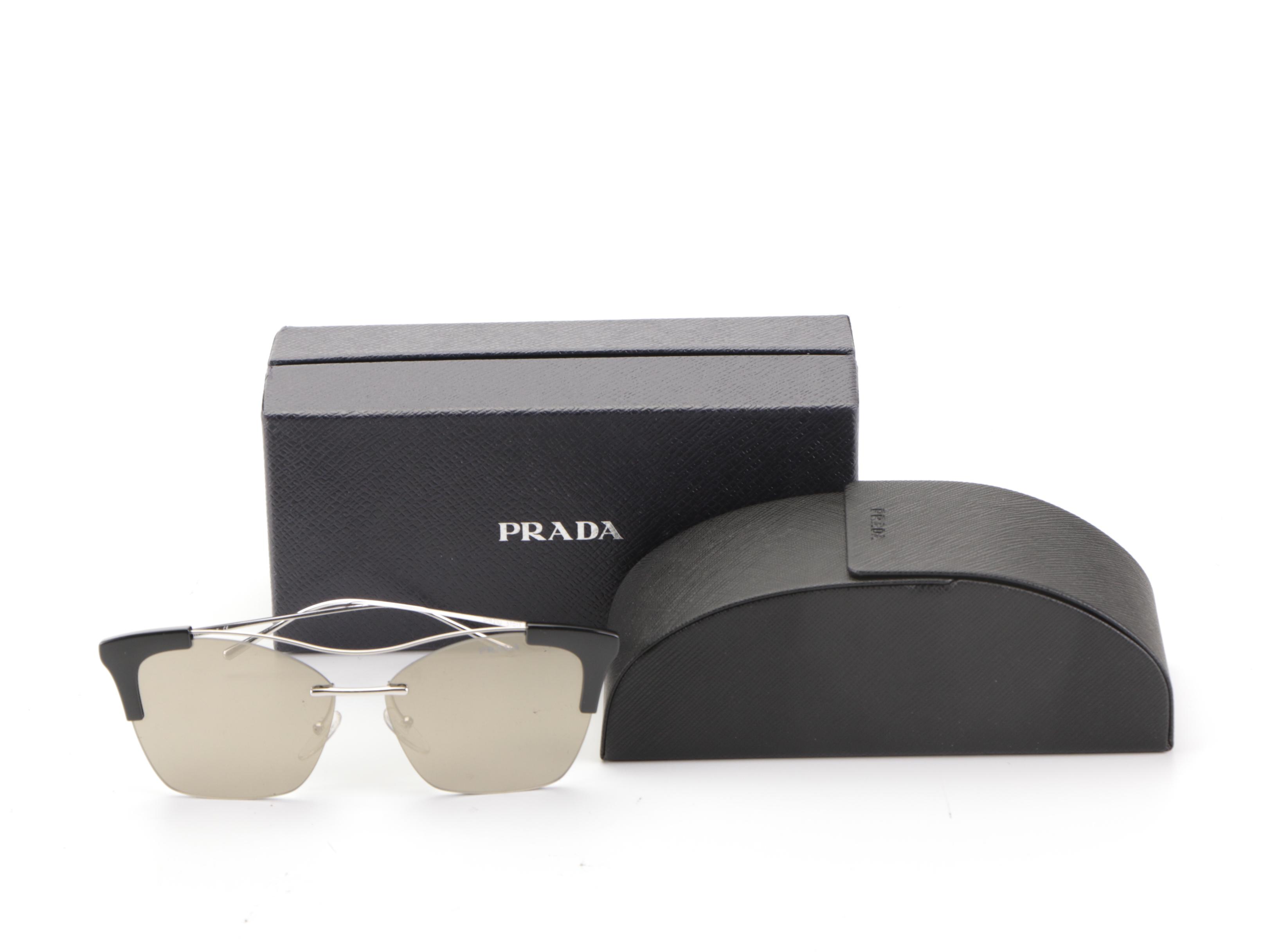 Prada SPR21U Silver Tone Cat Eye Sunglasses with Case and Box