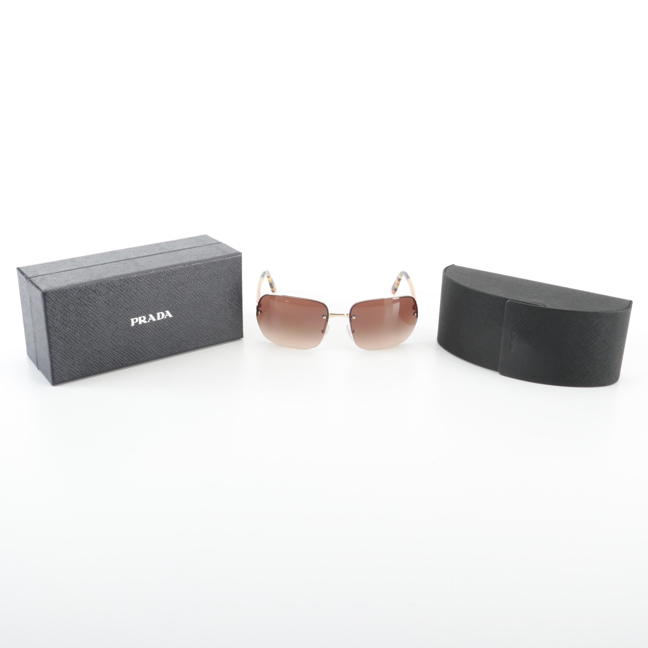 Prada SPR63VS Rimless Light Gold/Havana Brown Gradient Lens Sunglasses with Case