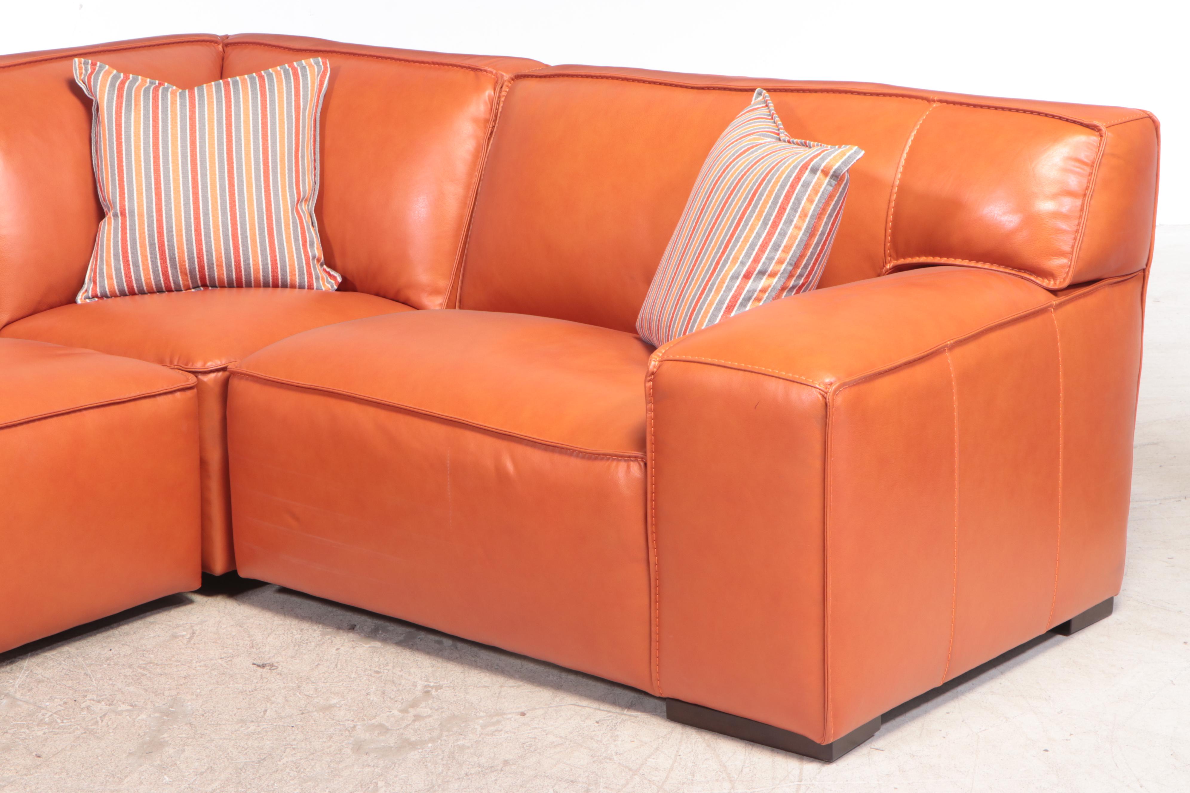 Simon Li "Palesa" Orange Leather Sectional and Fabric Ottoman