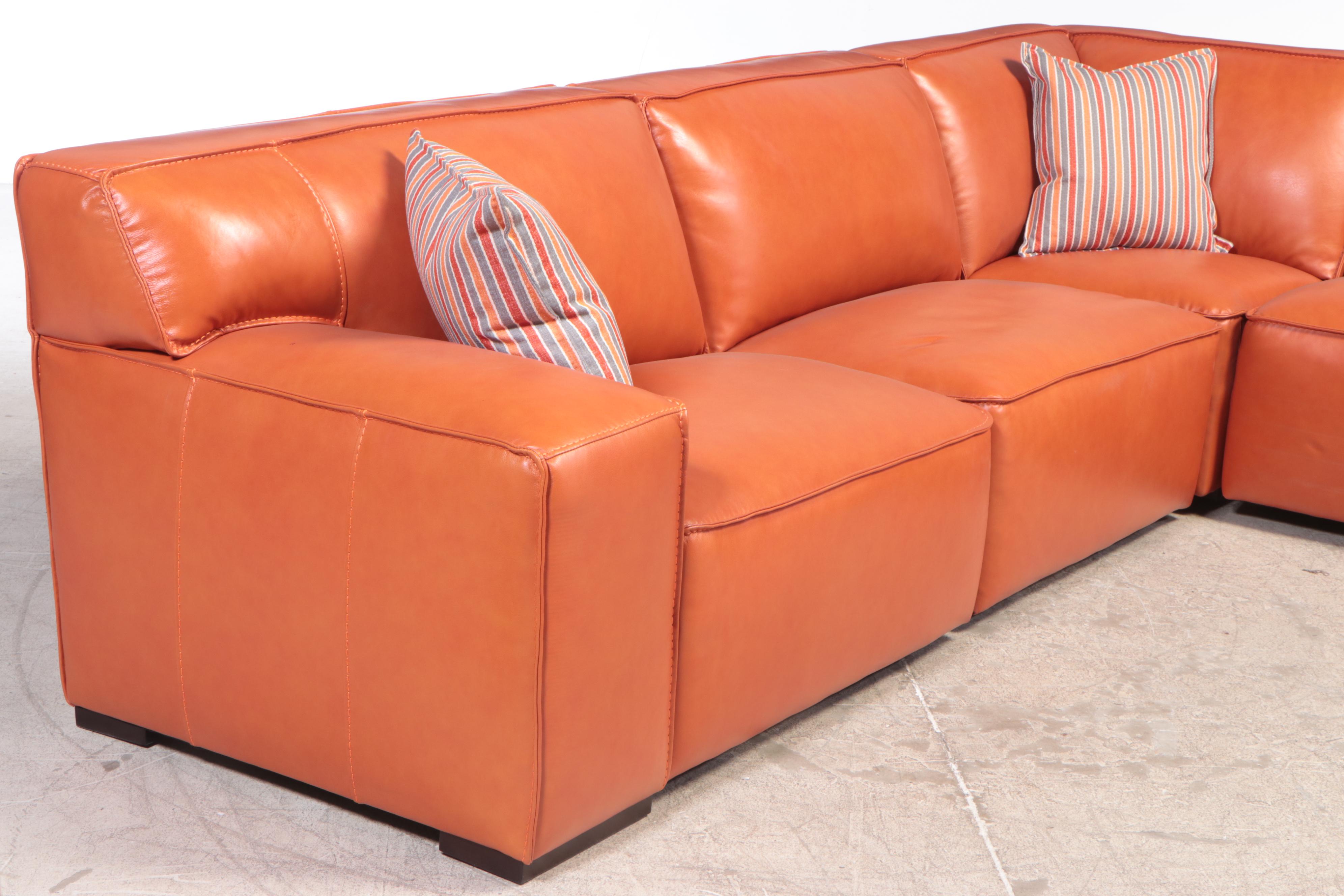 Simon Li "Palesa" Orange Leather Sectional and Fabric Ottoman