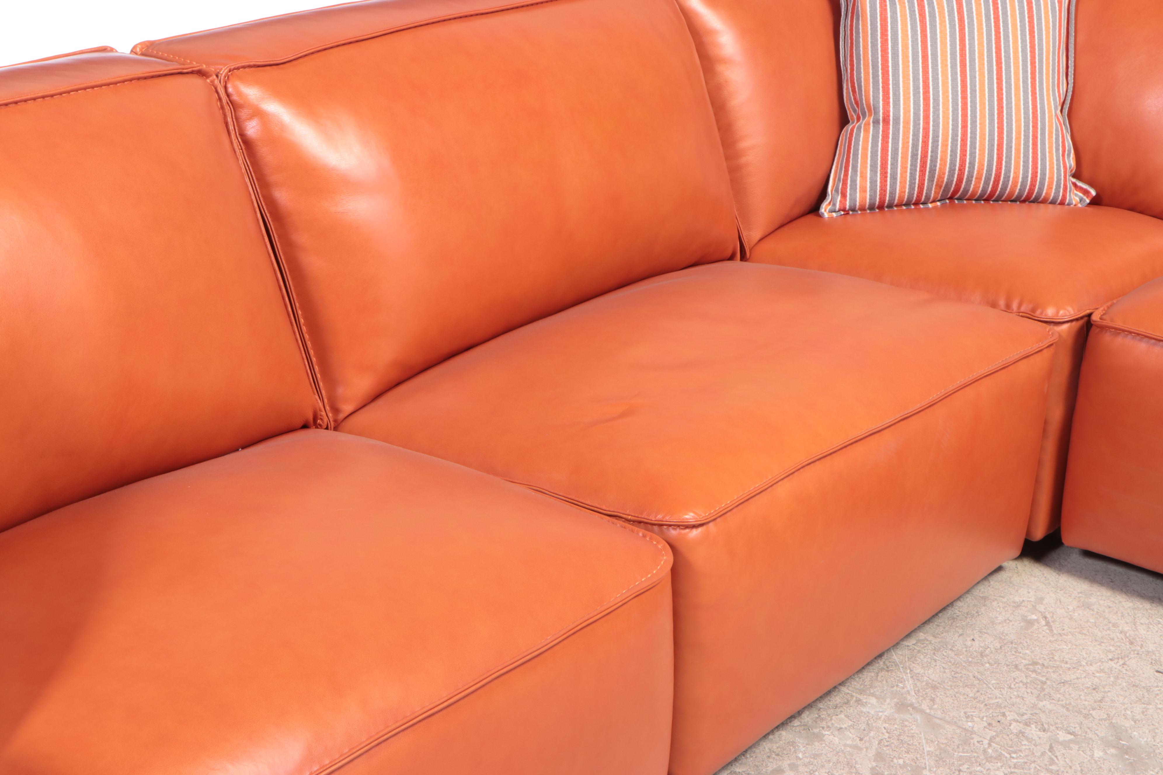 Simon Li "Palesa" Orange Leather Sectional and Fabric Ottoman