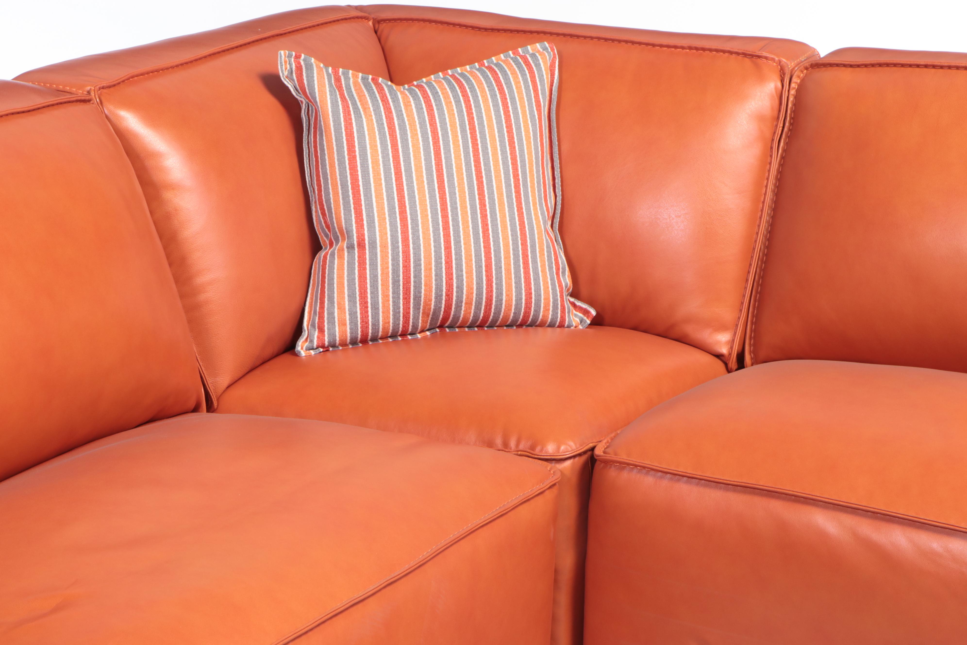 Simon Li "Palesa" Orange Leather Sectional and Fabric Ottoman