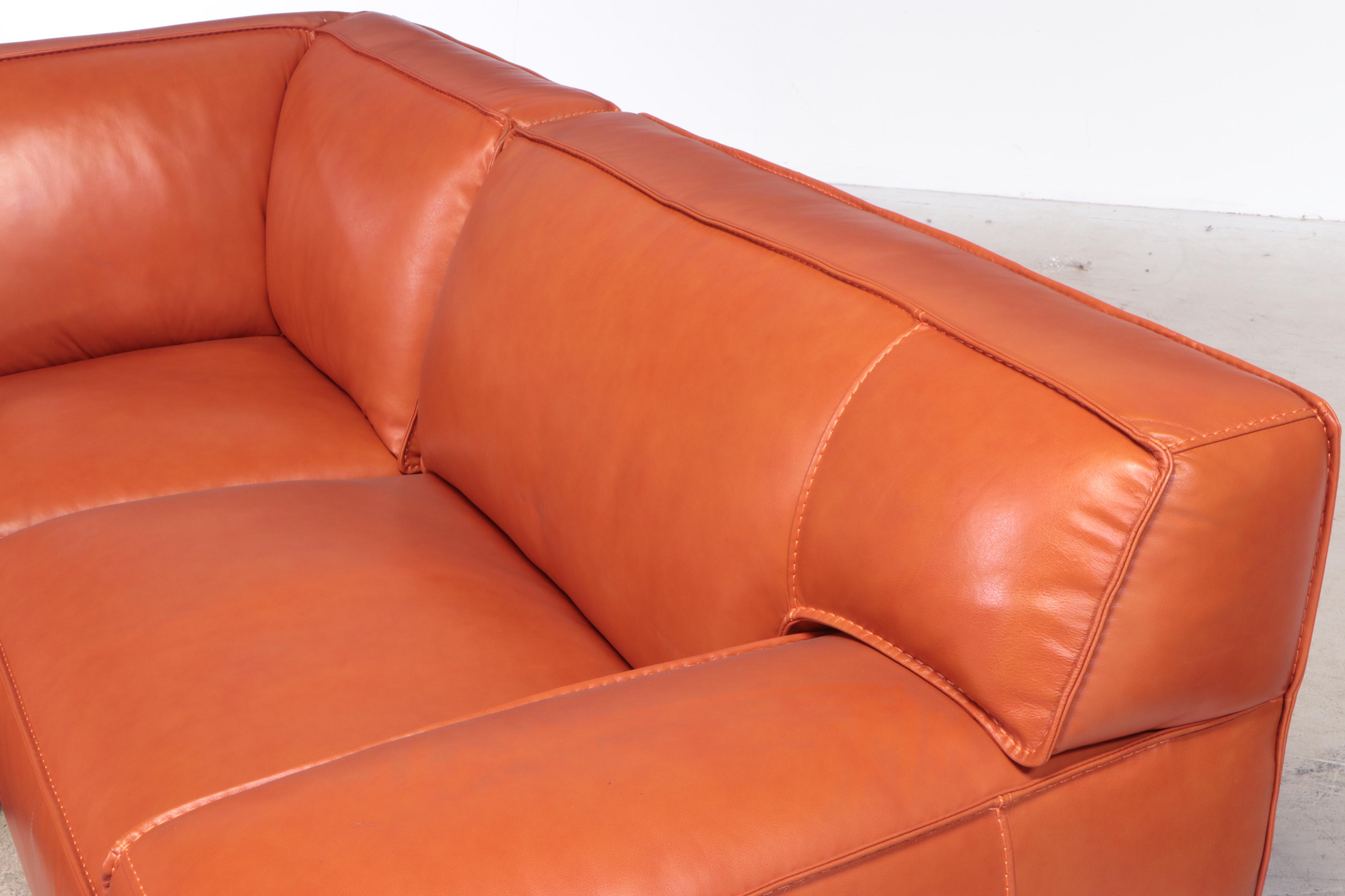 Simon Li "Palesa" Orange Leather Sectional and Fabric Ottoman