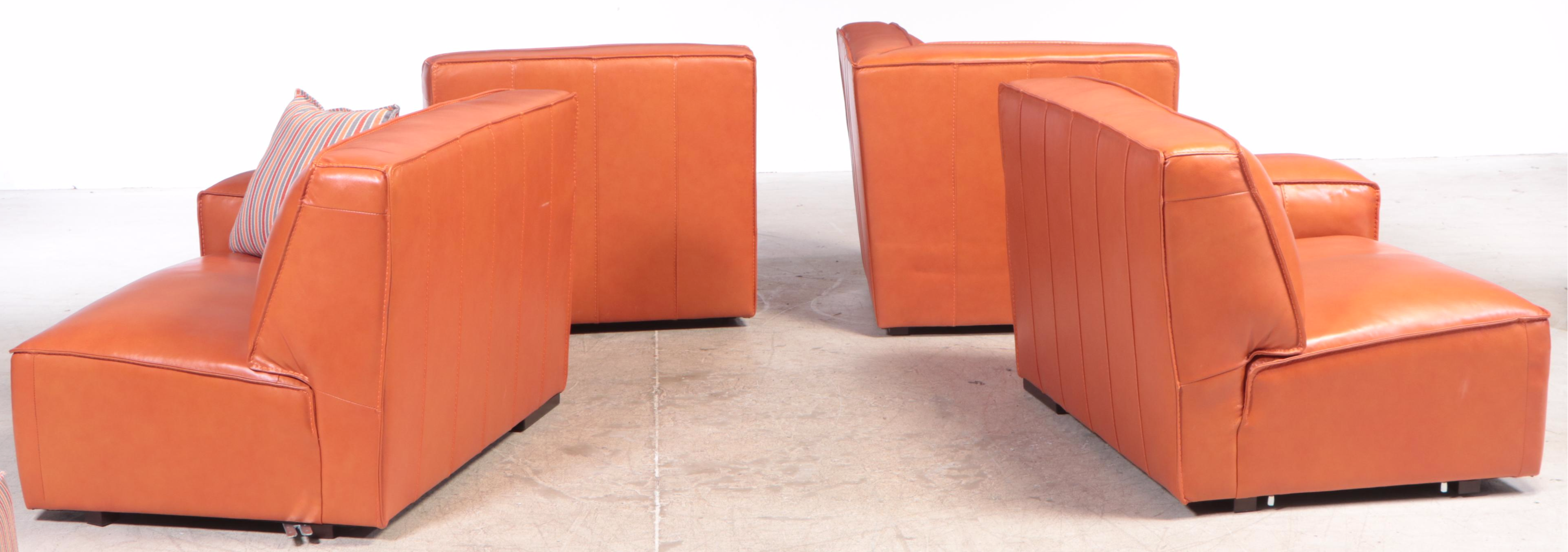 Simon Li "Palesa" Orange Leather Sectional and Fabric Ottoman