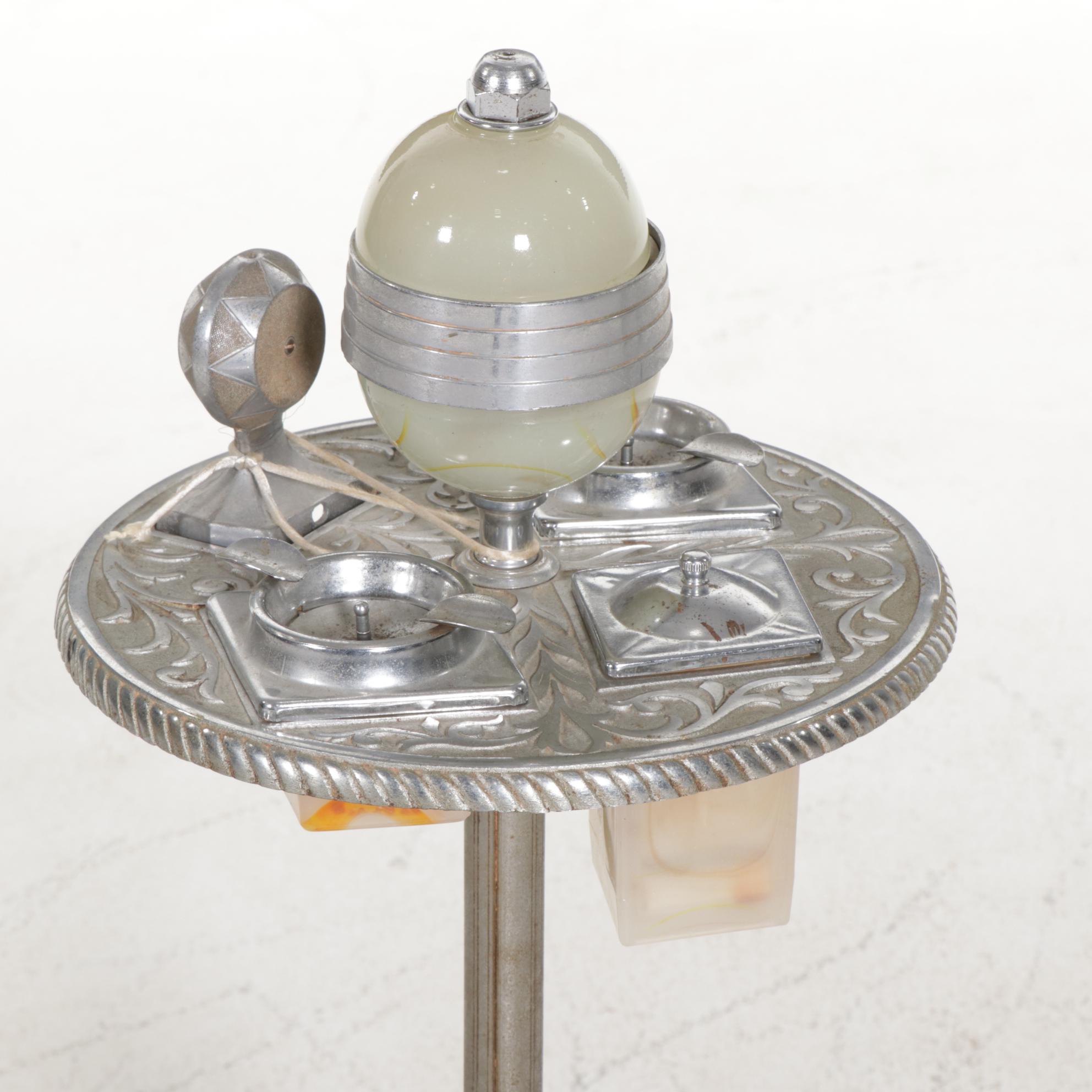 Mico Art Deco Aluminum and Slag Glass Light Up Smoking Stand