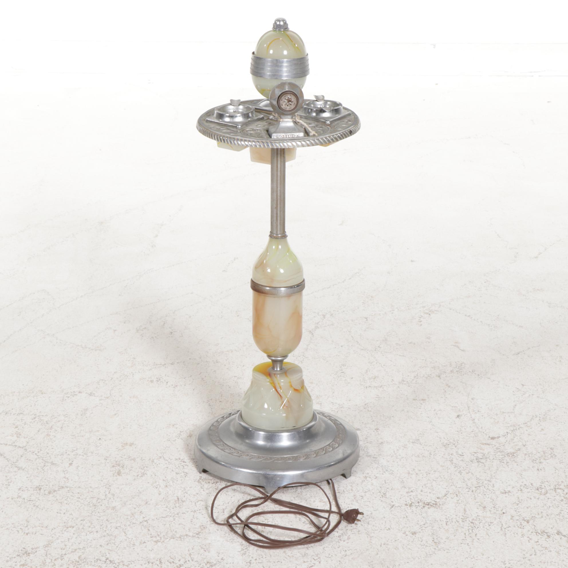 Mico Art Deco Aluminum and Slag Glass Light Up Smoking Stand