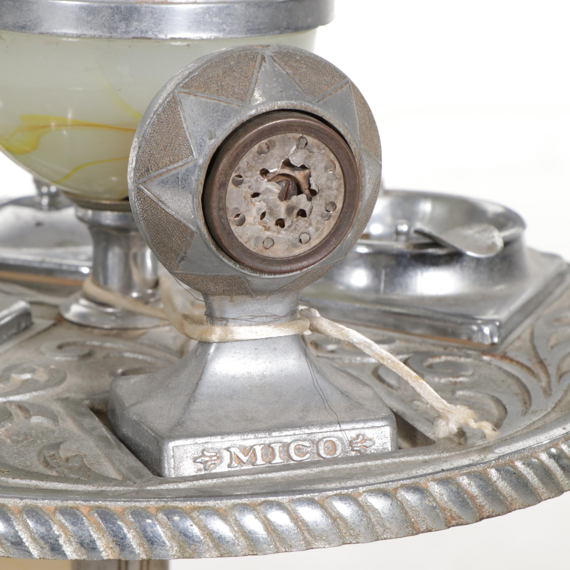 Mico Art Deco Aluminum and Slag Glass Light Up Smoking Stand