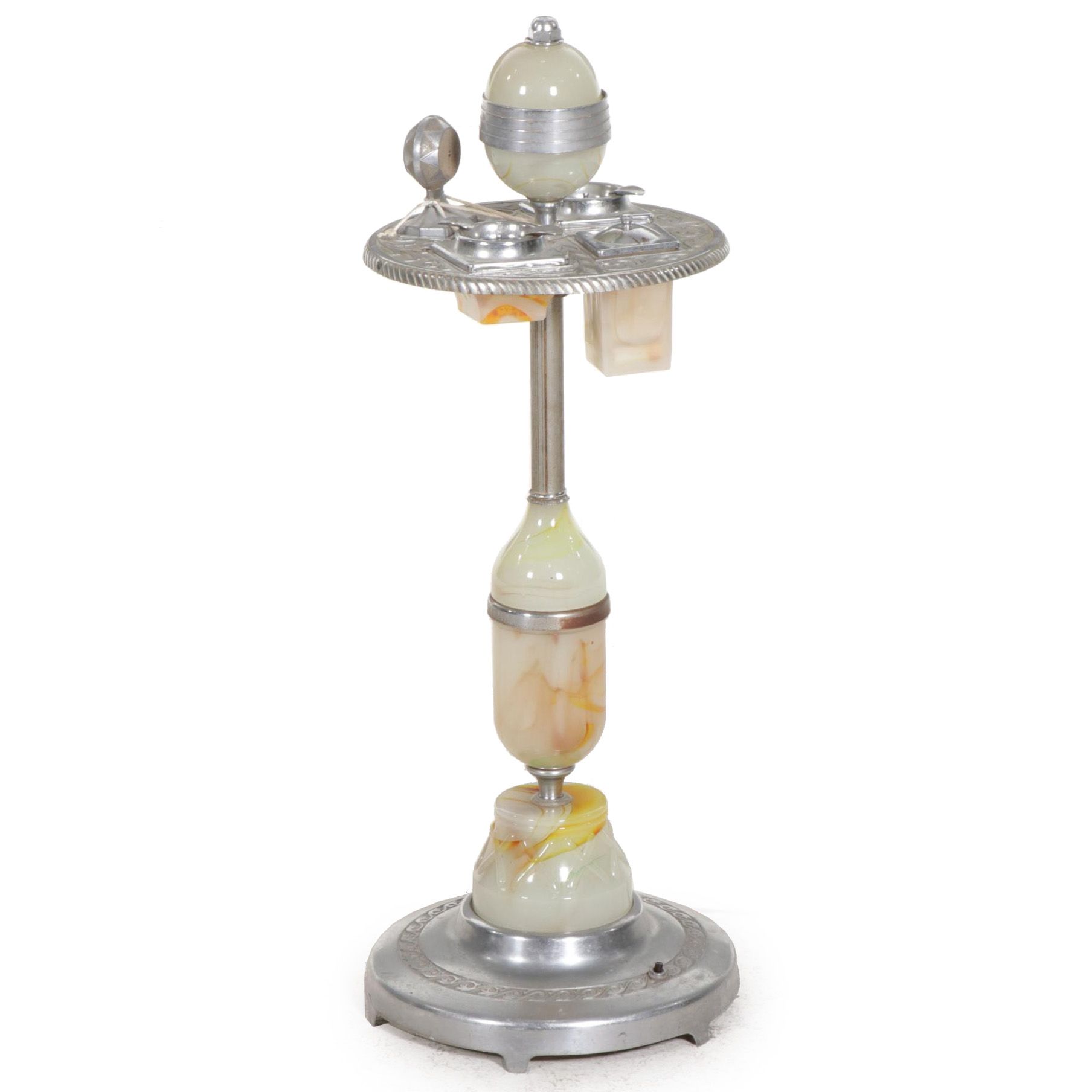 Mico Art Deco Aluminum and Slag Glass Light Up Smoking Stand