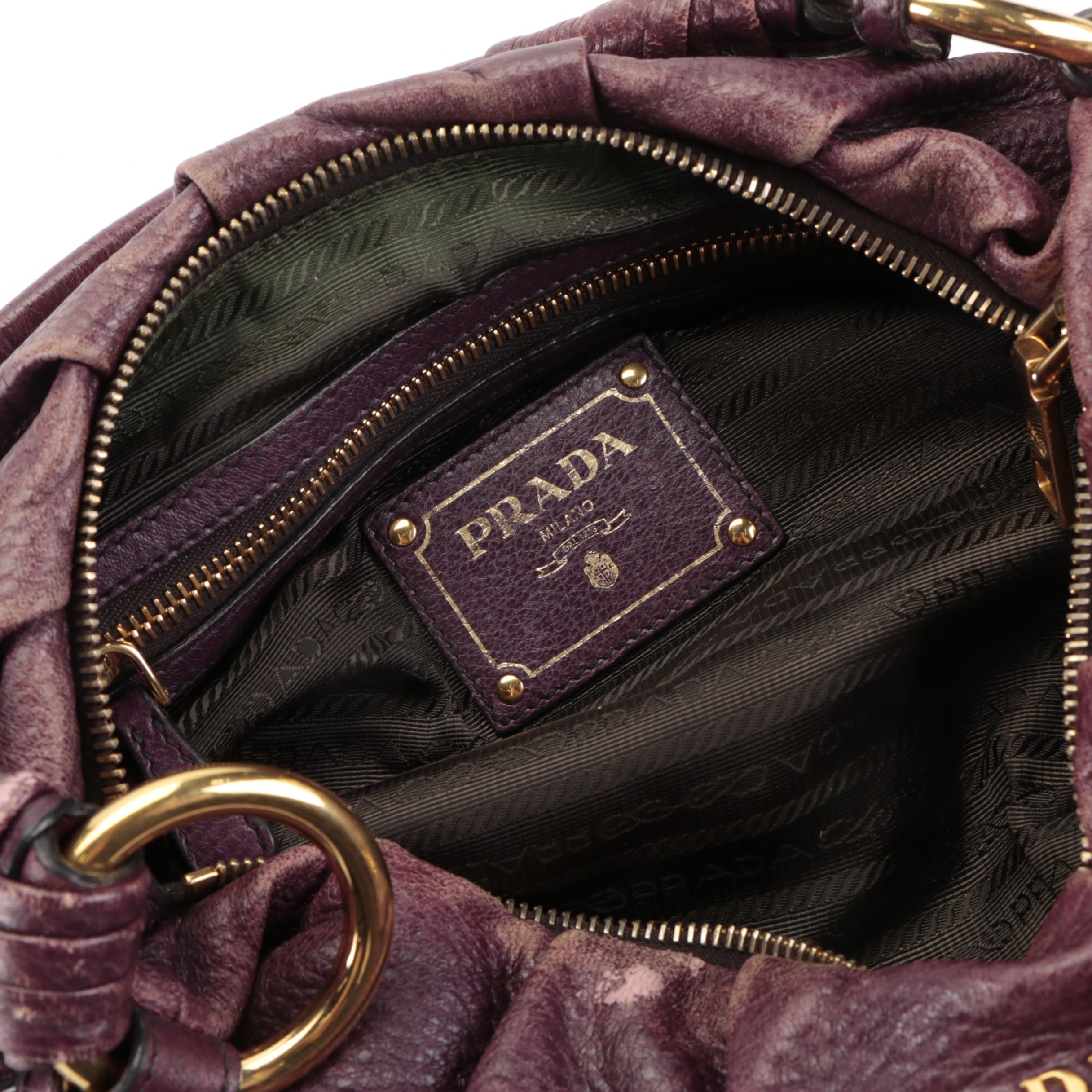 Prada Small Hobo Shoulder Bag in Aubergine Deerskin Leather