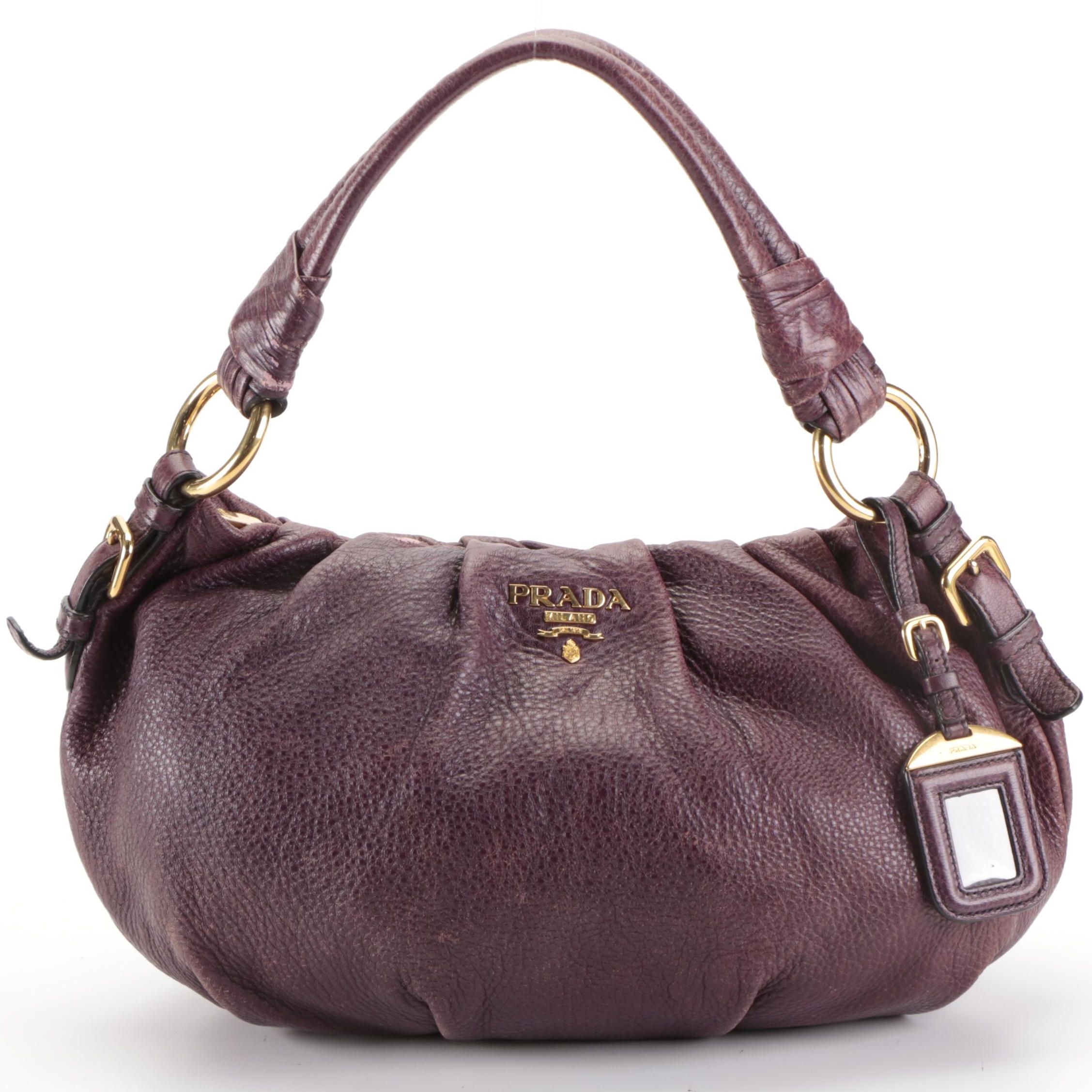 Prada Small Hobo Shoulder Bag in Aubergine Deerskin Leather