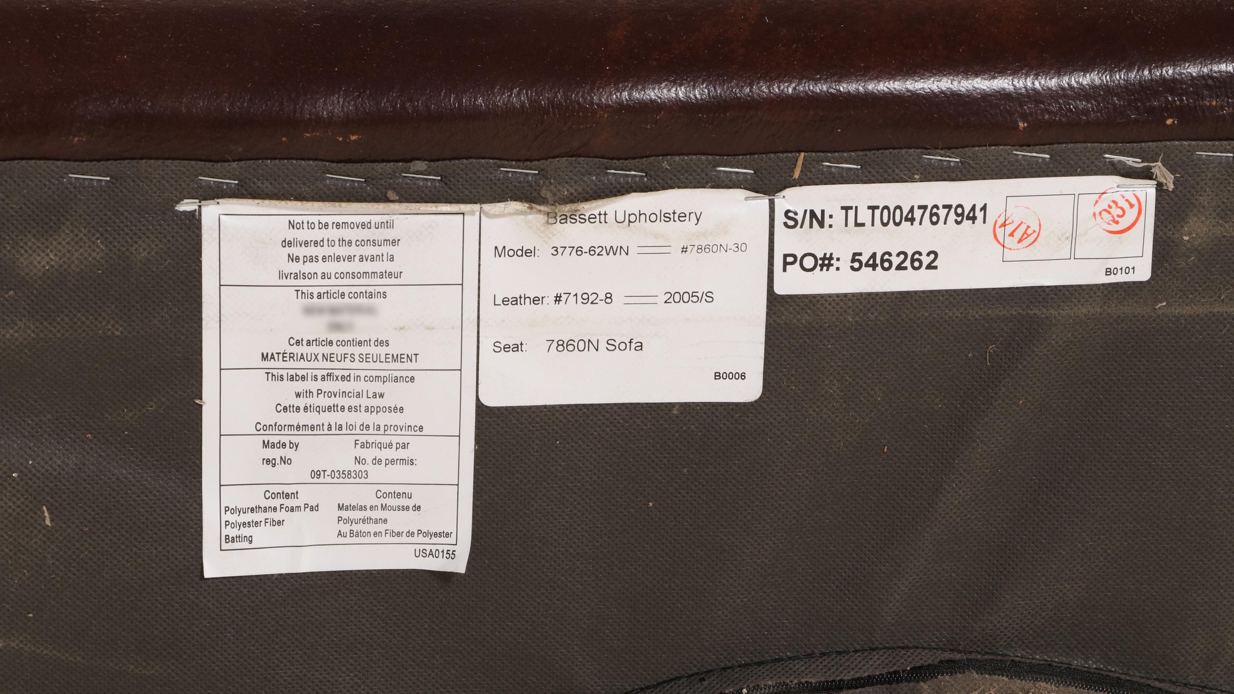 Bassett Brown Leather Roll-Arm Sofa with Nailhead Trim