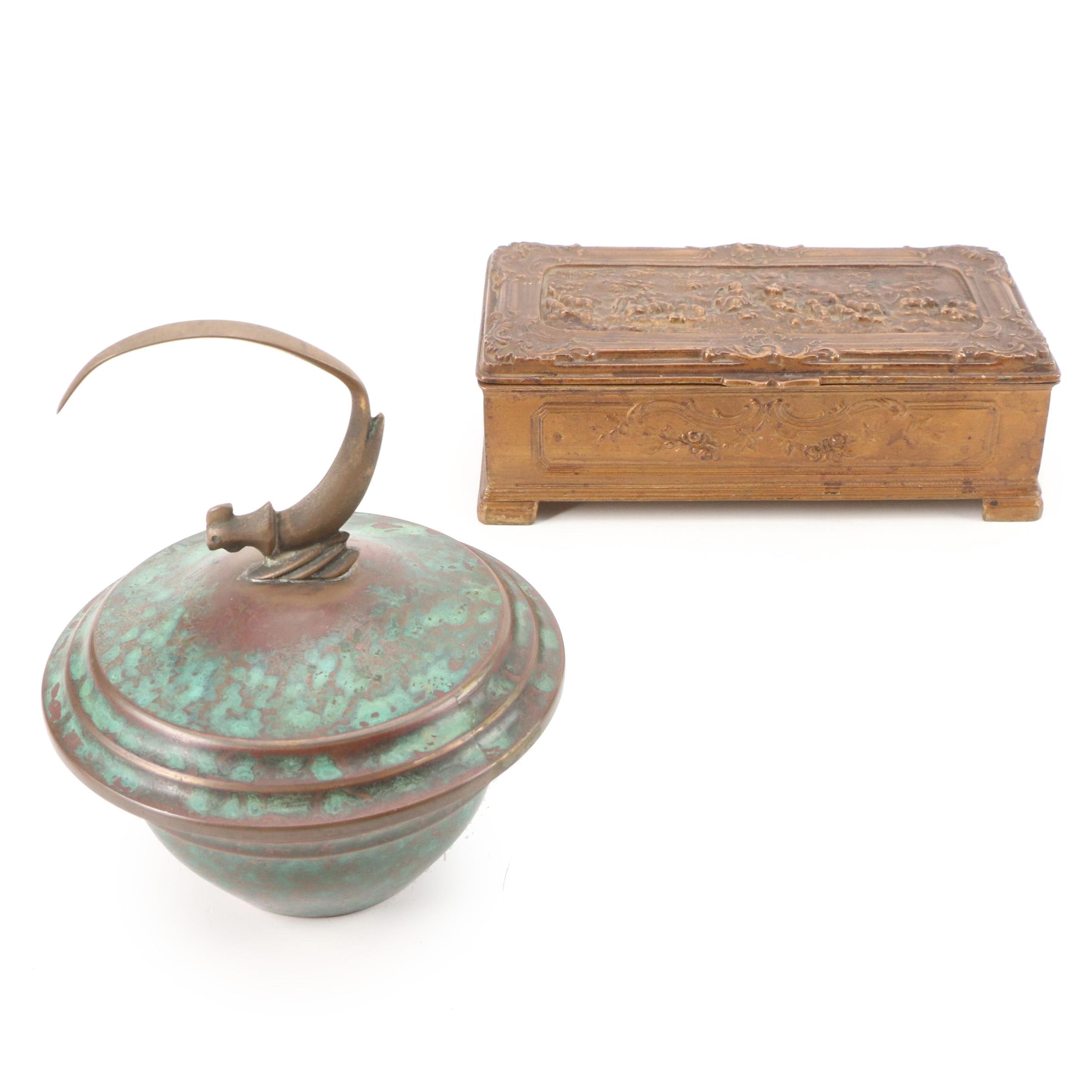 Carl Sorenson Art Deco Style Bronze Bowl and Jennings Brothers Brass Box