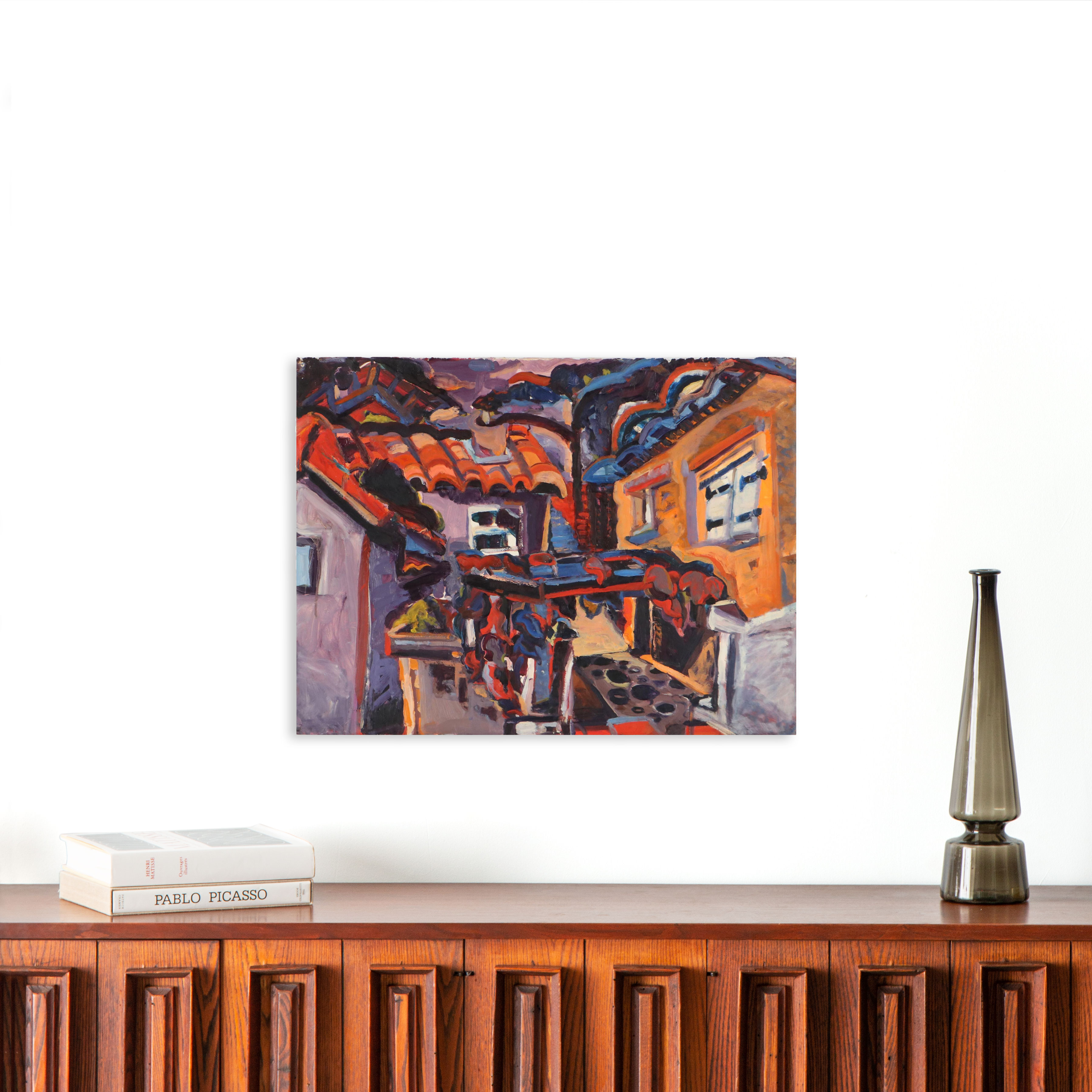 Richard Snyder Abstract Street Scene Oil Painting