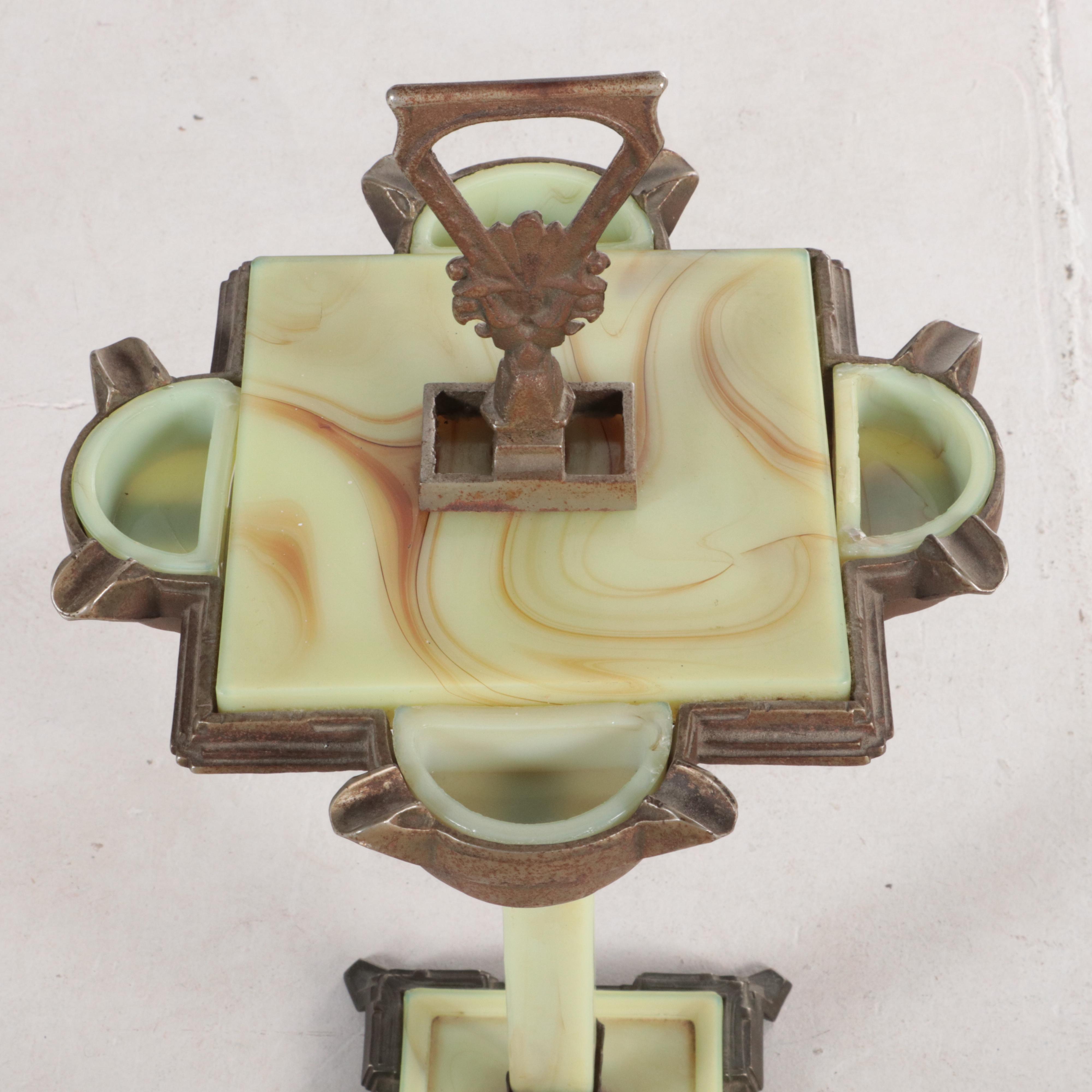 Art Deco Cast Iron and Marbled Slag Uranium Glass Standing Ashtray
