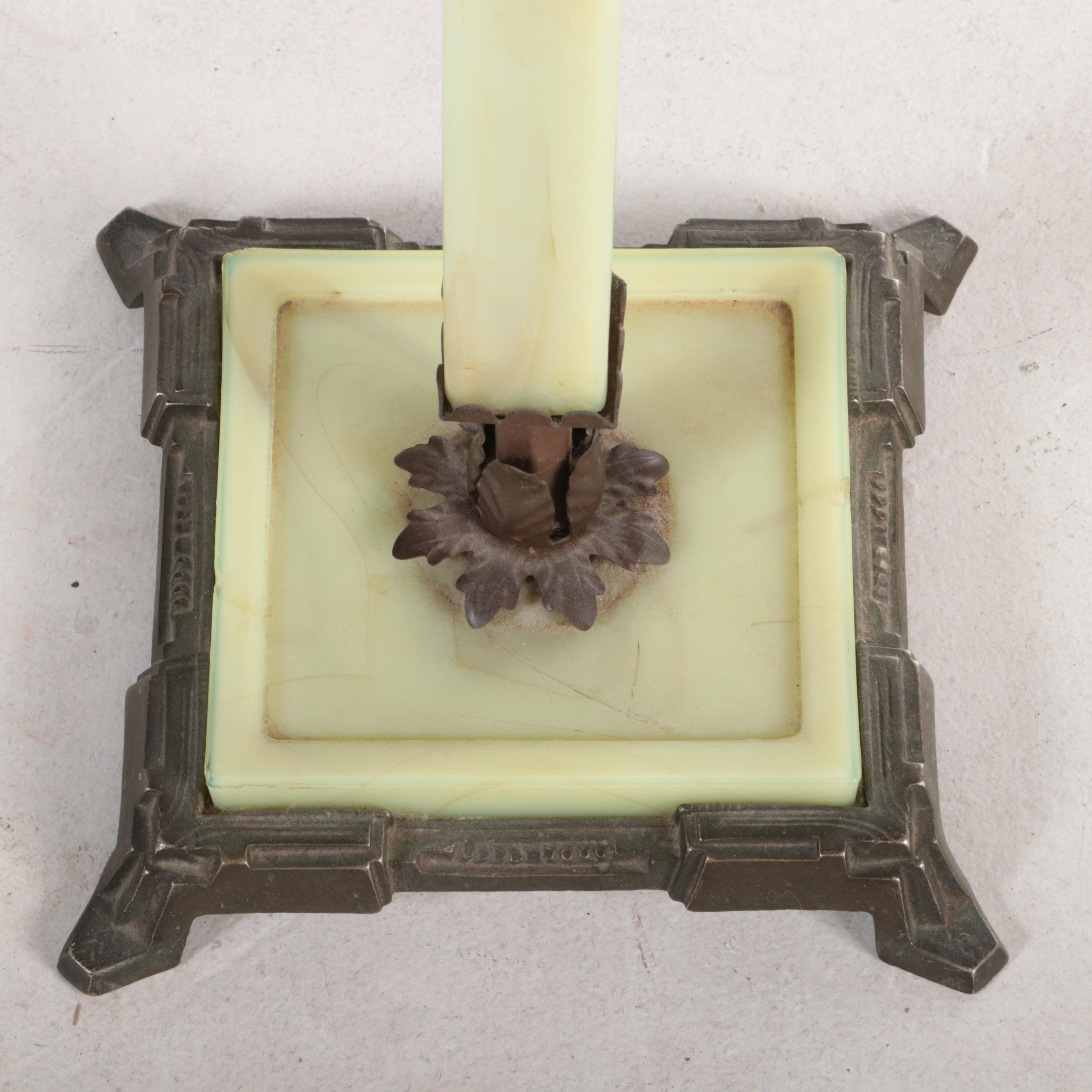 Art Deco Cast Iron and Marbled Slag Uranium Glass Standing Ashtray