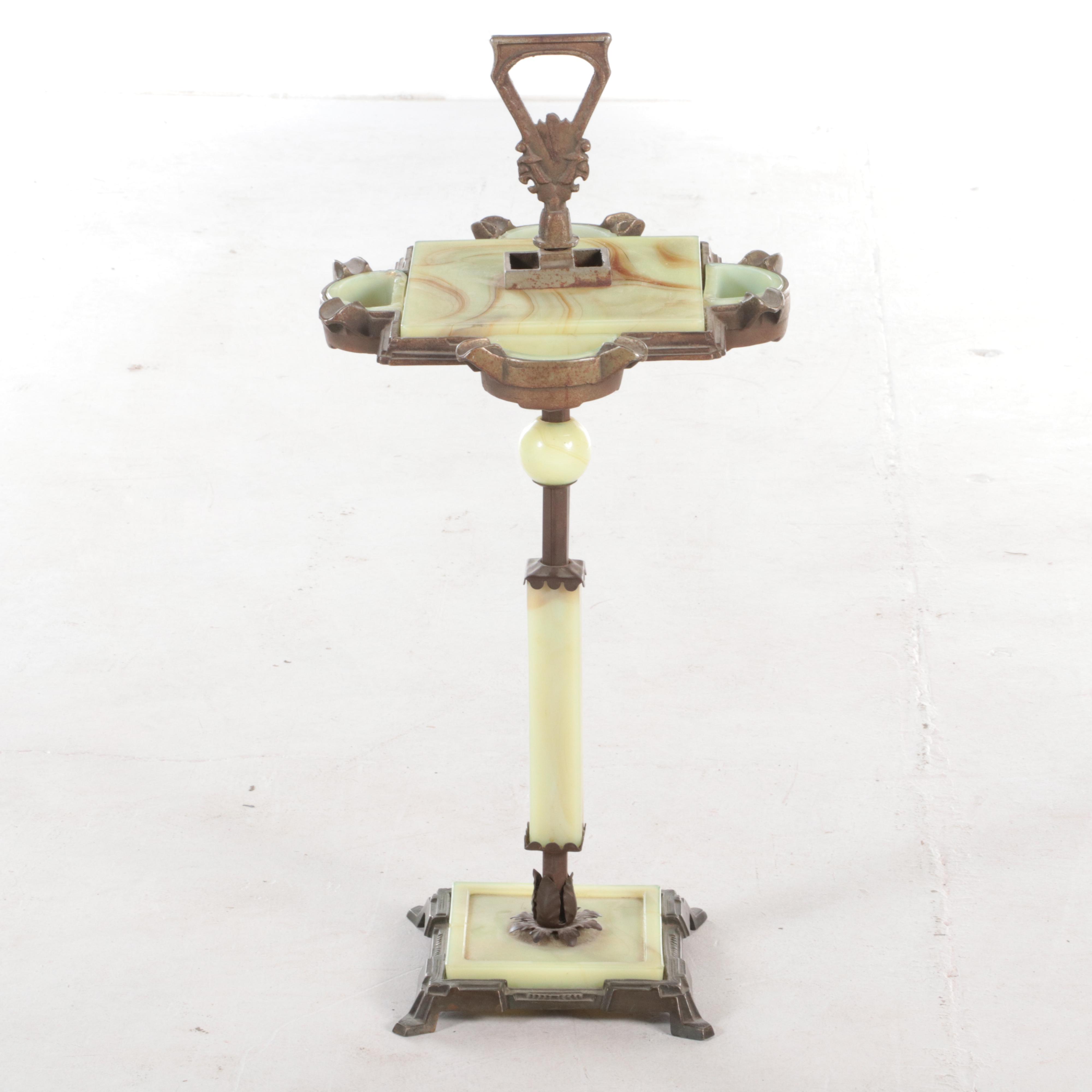 Art Deco Cast Iron and Marbled Slag Uranium Glass Standing Ashtray