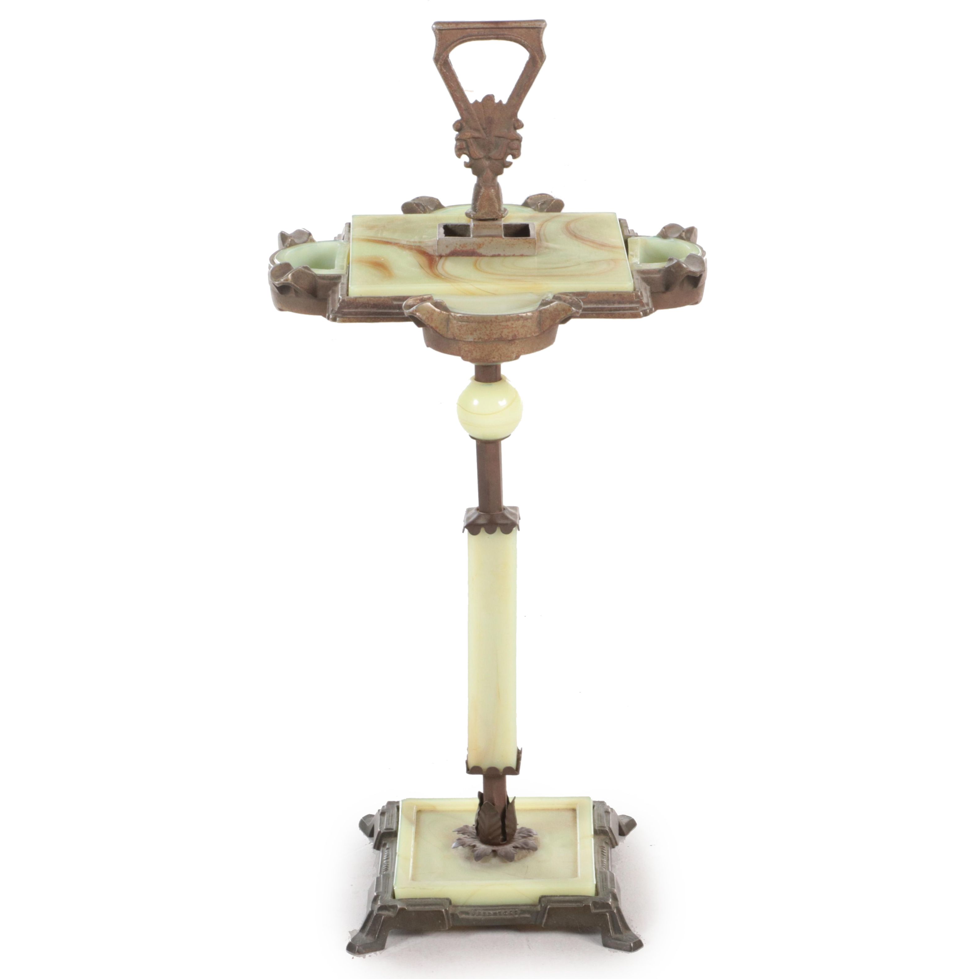Art Deco Cast Iron and Marbled Slag Uranium Glass Standing Ashtray