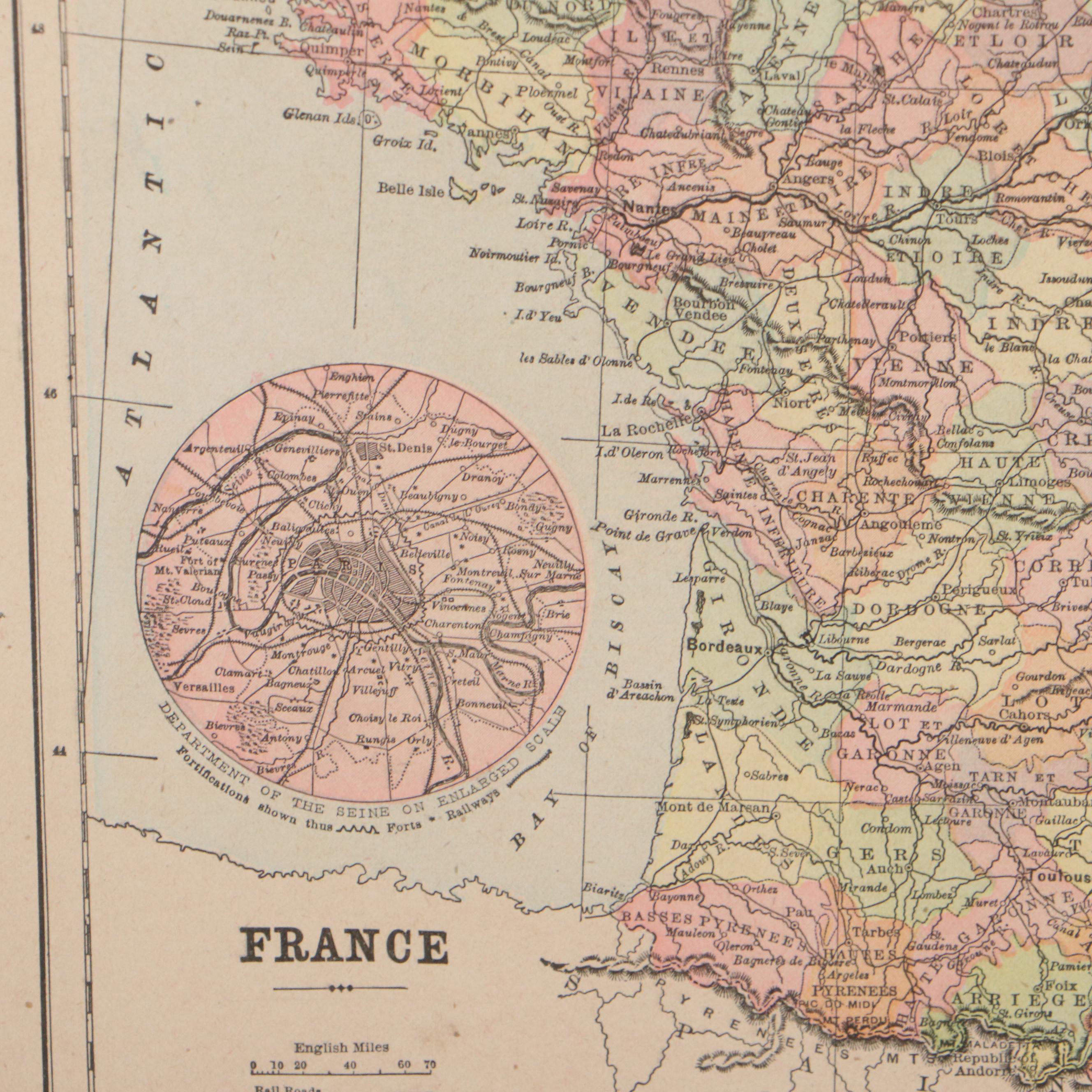 Mast, Crowell & Kirkpatrick Wax Engraving Map of France, Circa 1890