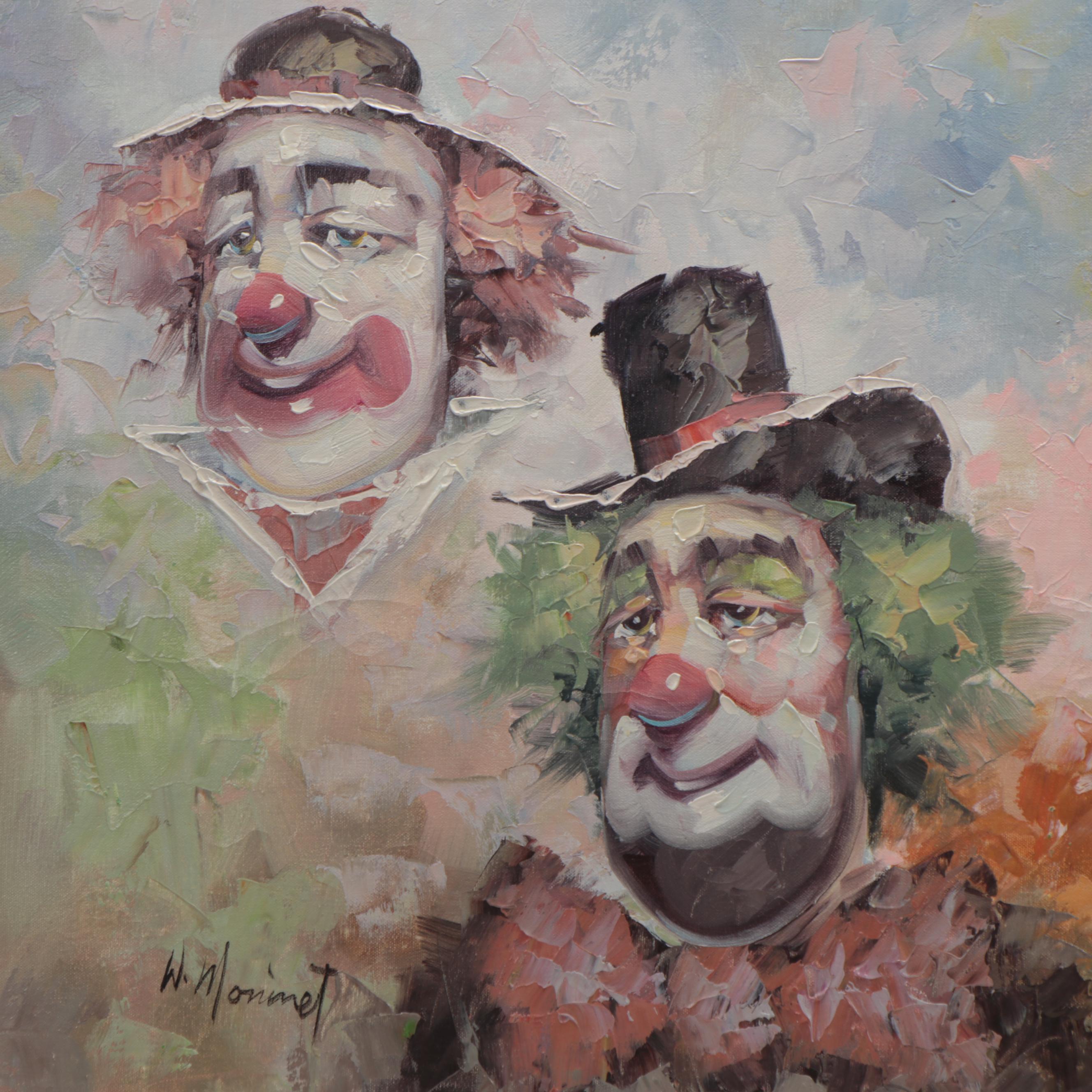 William Moninet Clown Portrait Oil Painting, Late 20th Century