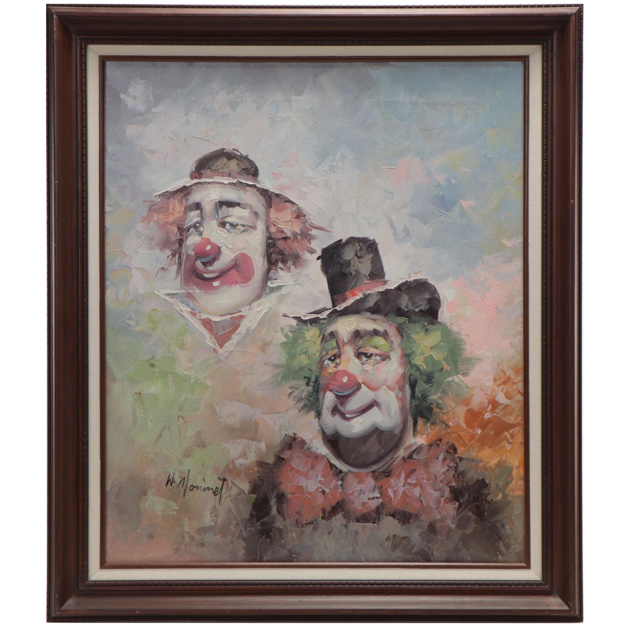 William Moninet Clown Portrait Oil Painting, Late 20th Century