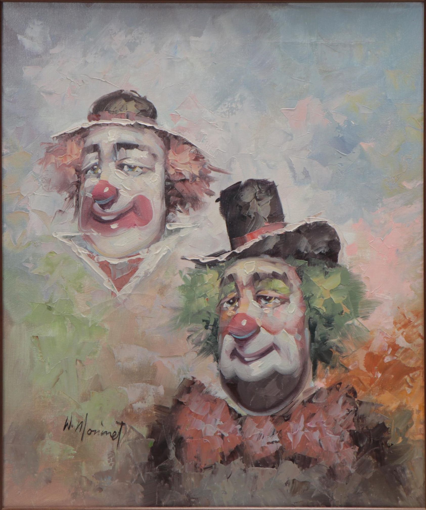 William Moninet Clown Portrait Oil Painting, Late 20th Century