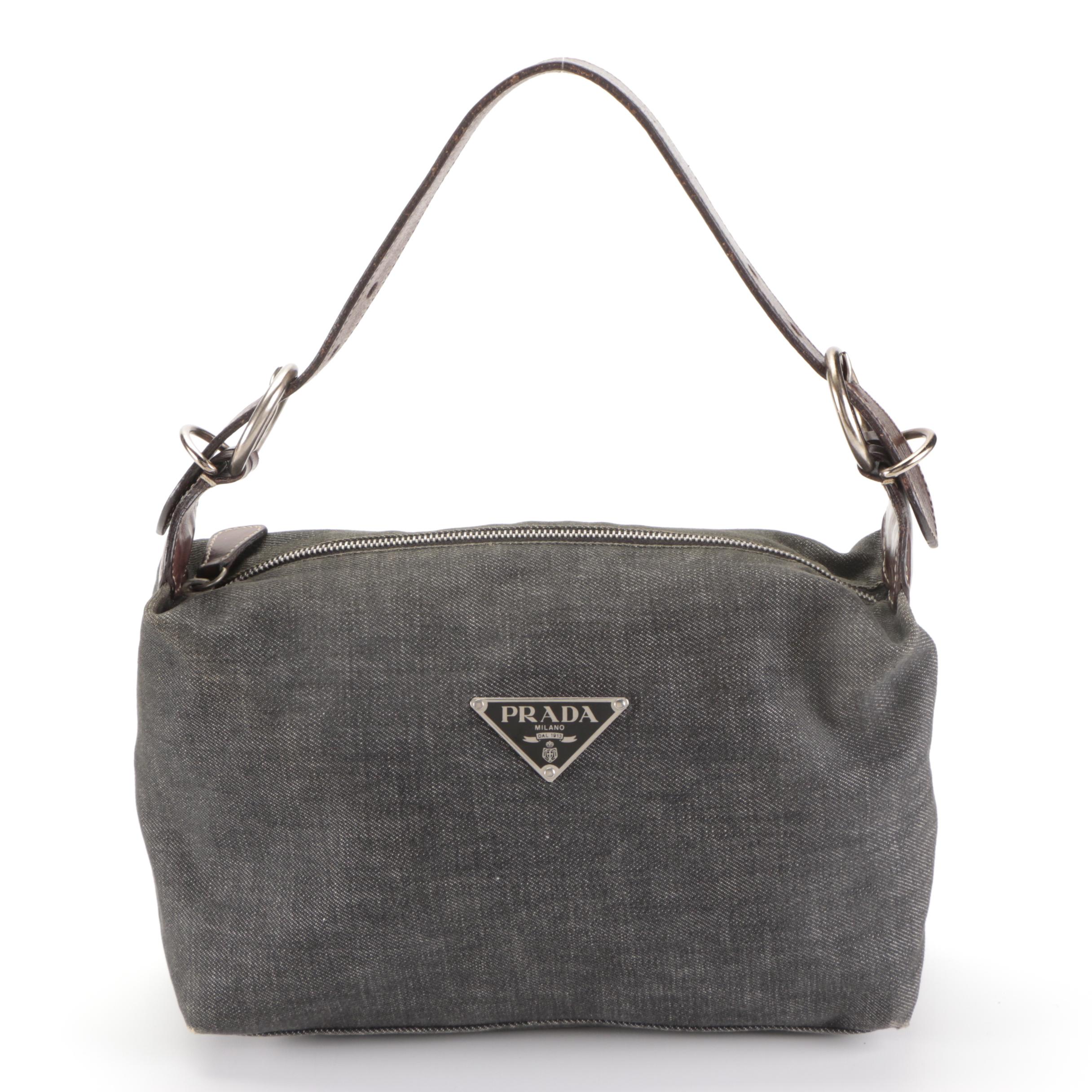 Prada Hobo Shoulder Bag in Denim and Dark Brown Leather with Contrast Stitching