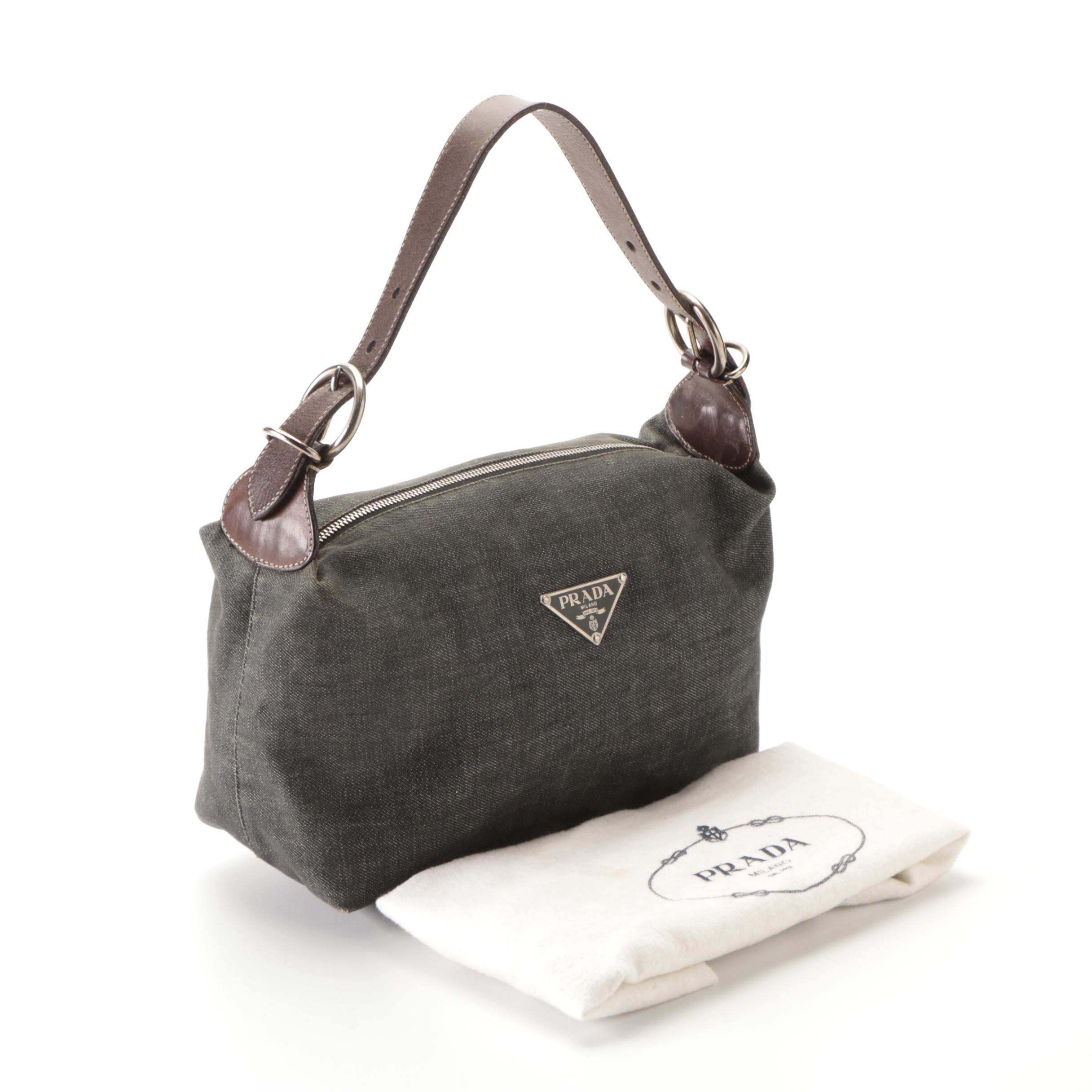 Prada Hobo Shoulder Bag in Denim and Dark Brown Leather with Contrast Stitching