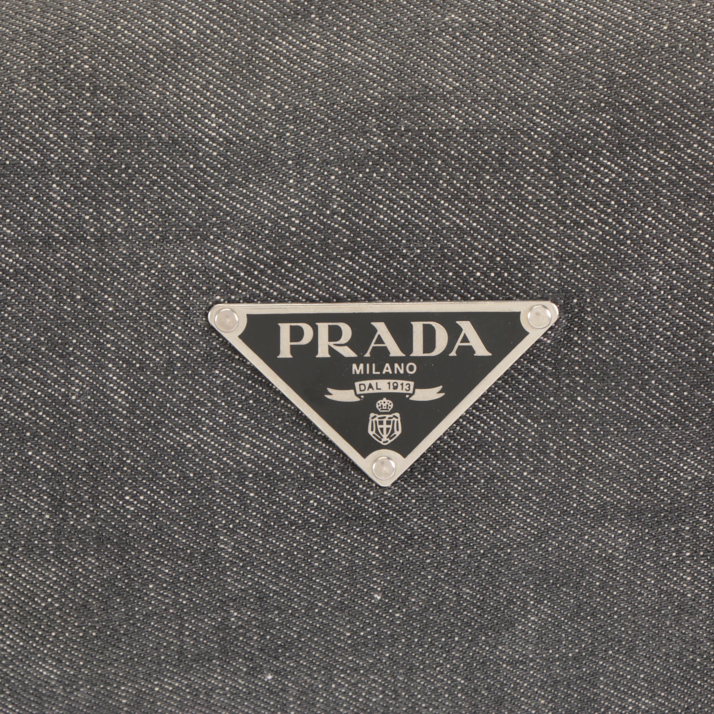 Prada Hobo Shoulder Bag in Denim and Dark Brown Leather with Contrast Stitching