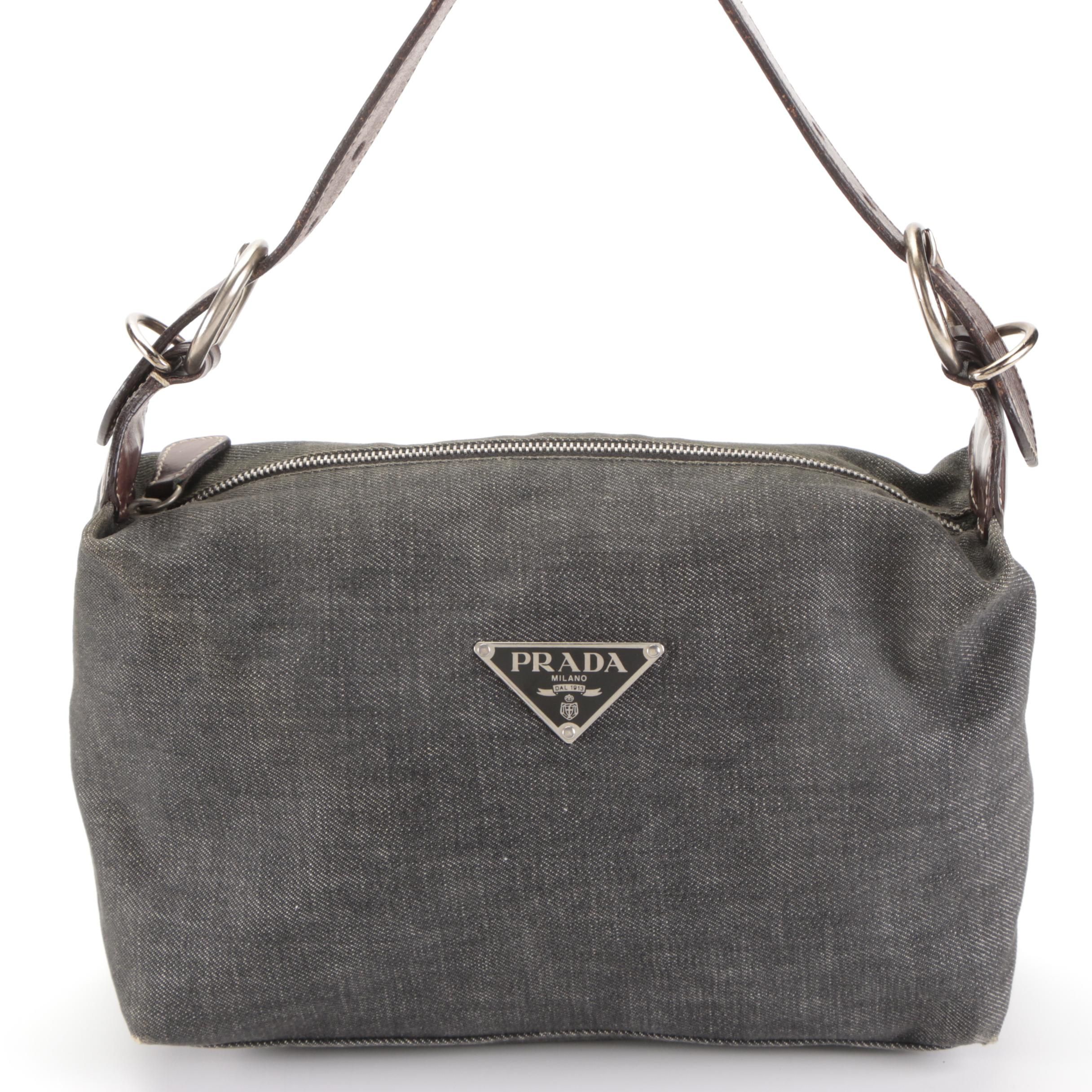 Prada Hobo Shoulder Bag in Denim and Dark Brown Leather with Contrast Stitching