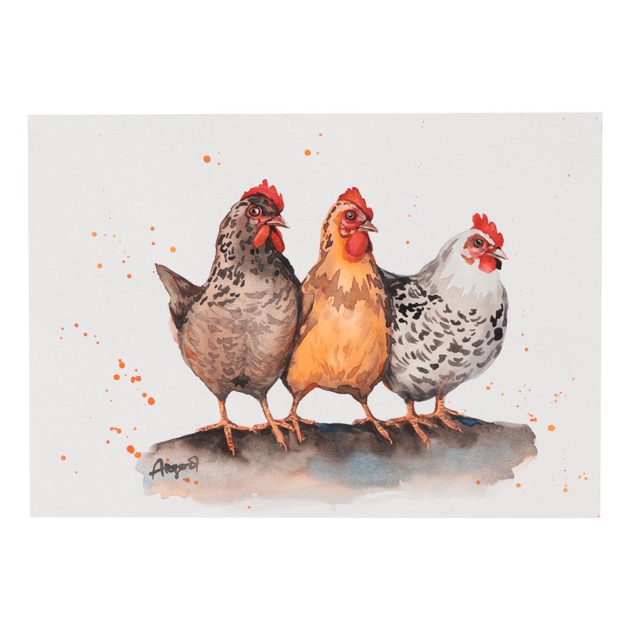 Anne Gorywine Watercolor Painting of Chickens, 21st Century