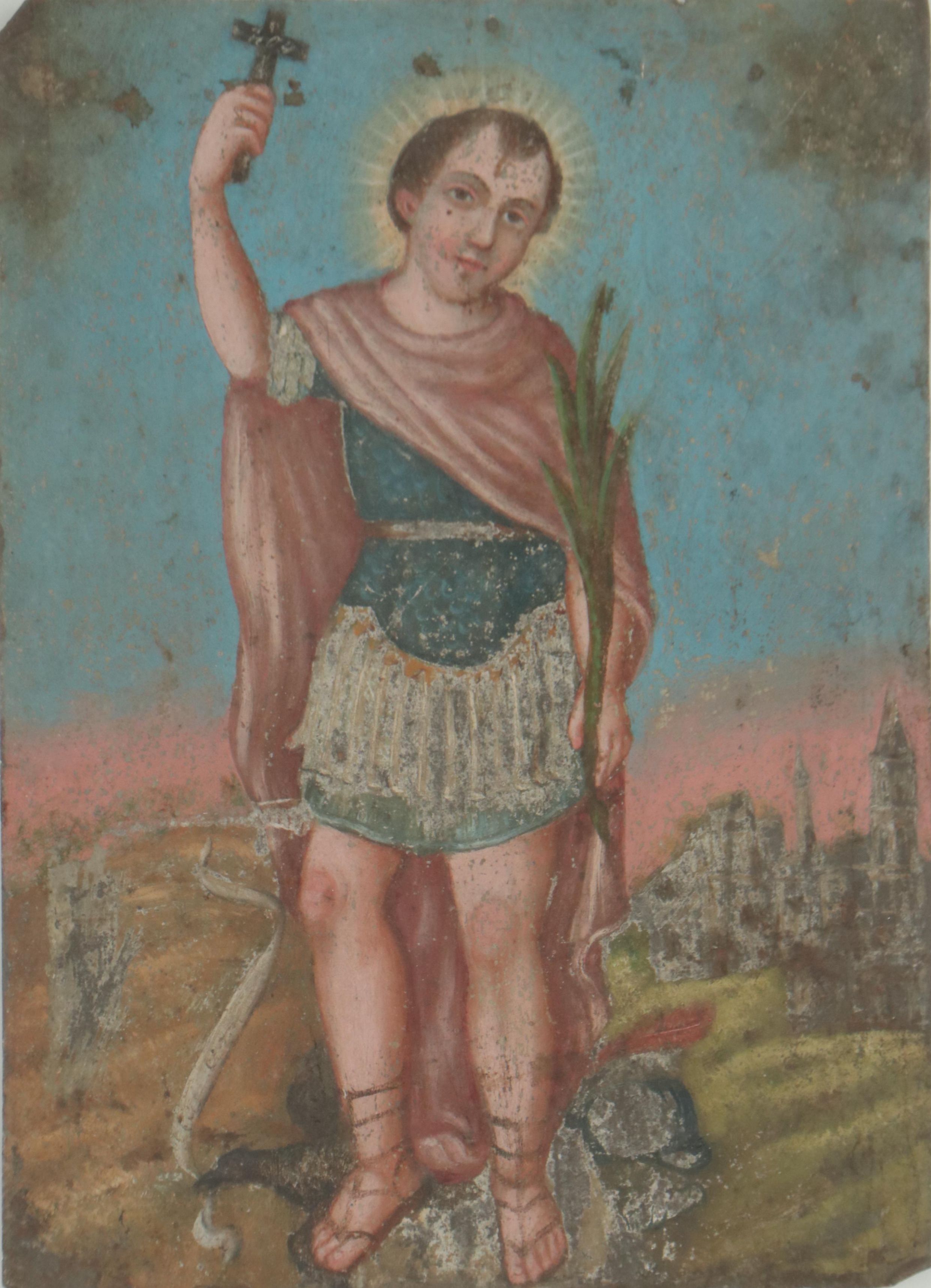 Mexican Retablo Oil Painting of First Martyrs of Rome, Mid-19th Century