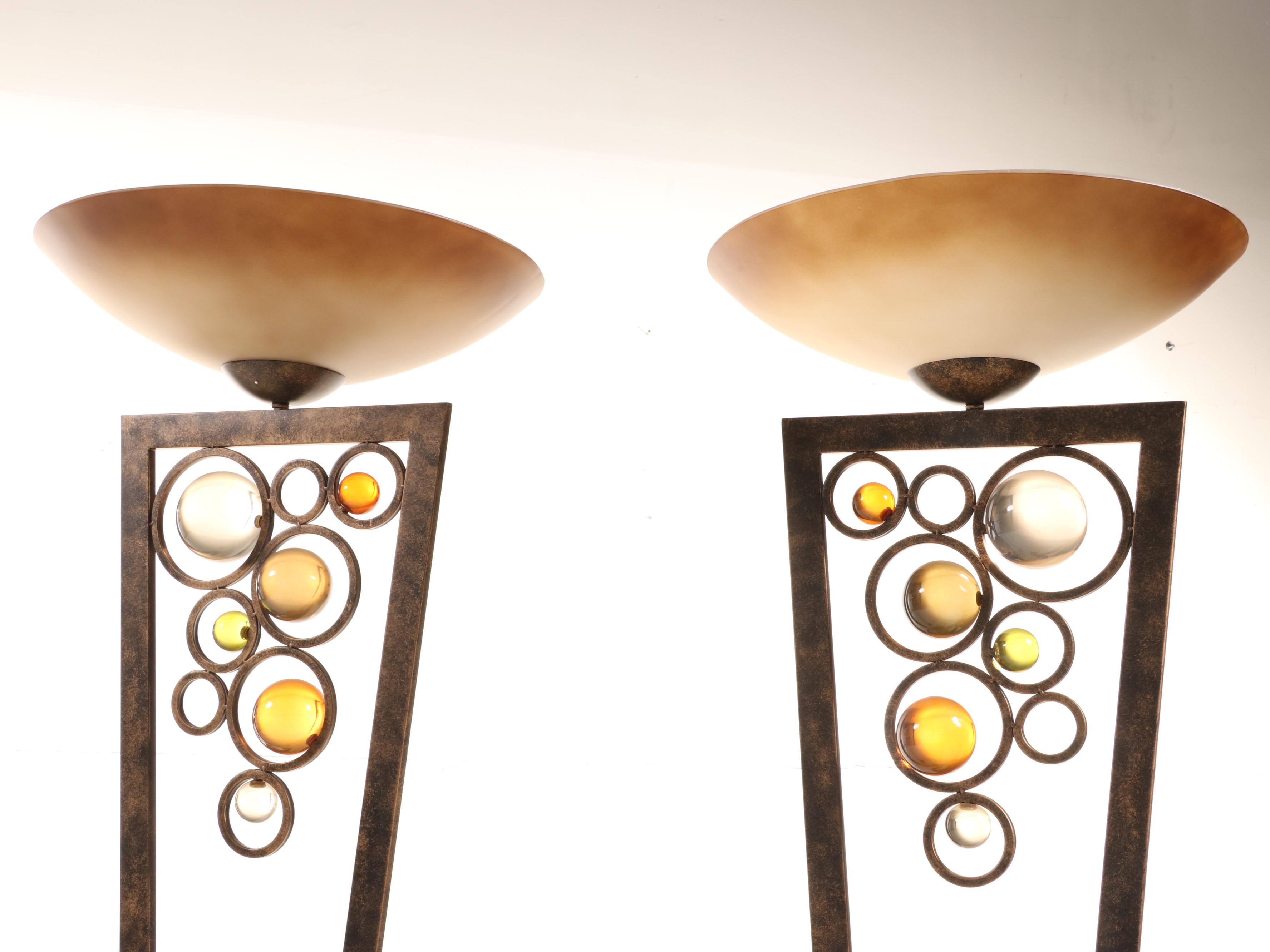 Pair of Van Teal "Free Wheeling" Acrylic and Bronzed Metal Torchiere Floor Lamps