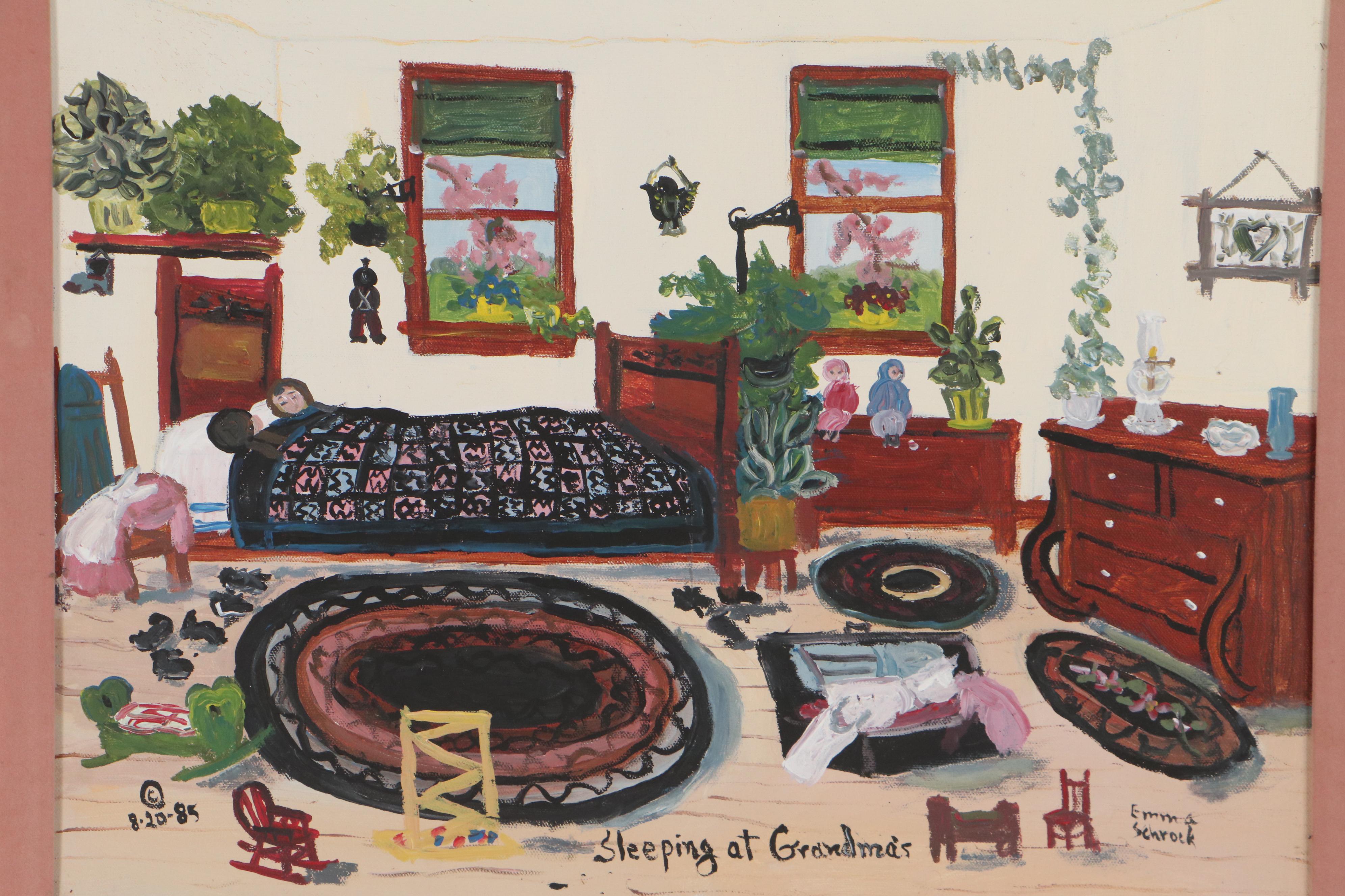 Emma Schrock Folk Art Oil Painting "Sleeping at Grandma's," 1985