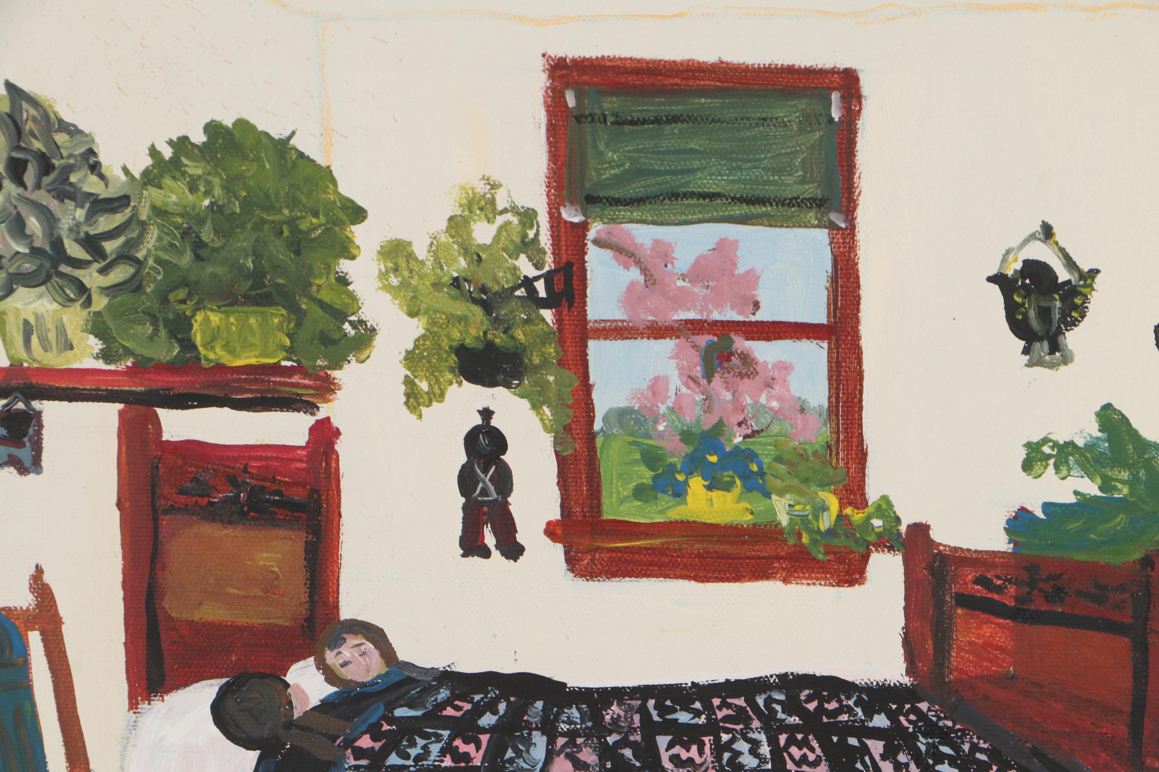 Emma Schrock Folk Art Oil Painting "Sleeping at Grandma's," 1985